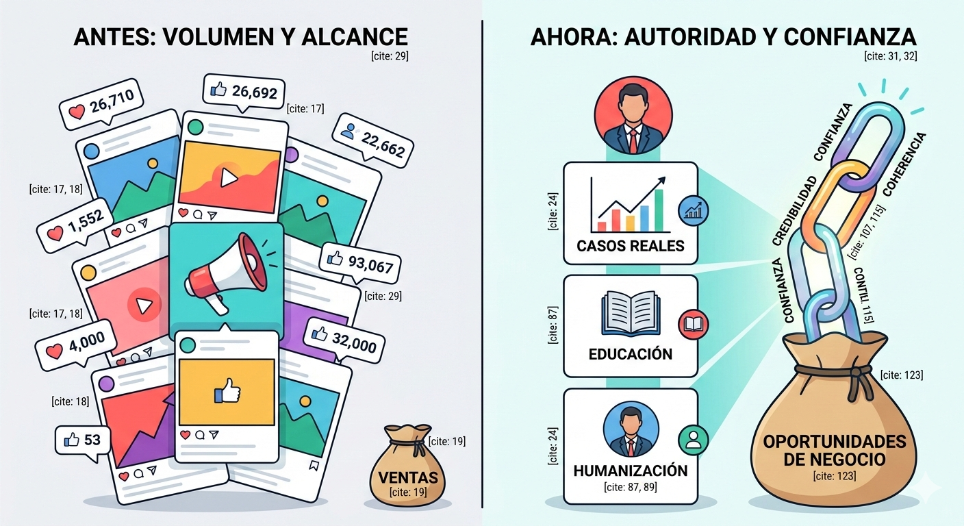 Comparison: Volume/Reach vs. Authority/Trust. Social media posts vs. data charts, education, & business opportunities, shown with a chain/bag of gold.