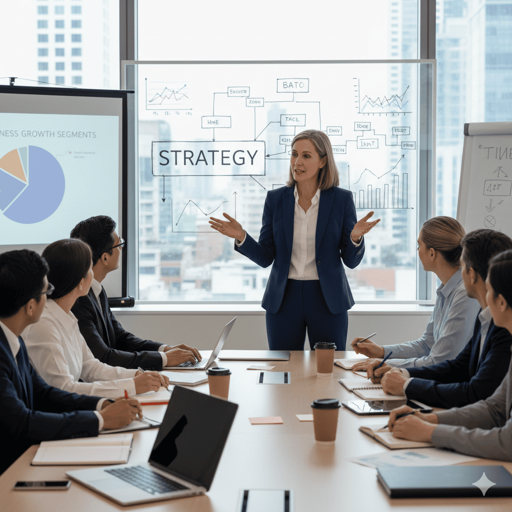 Woman in business suit leading a meeting, gesturing at 