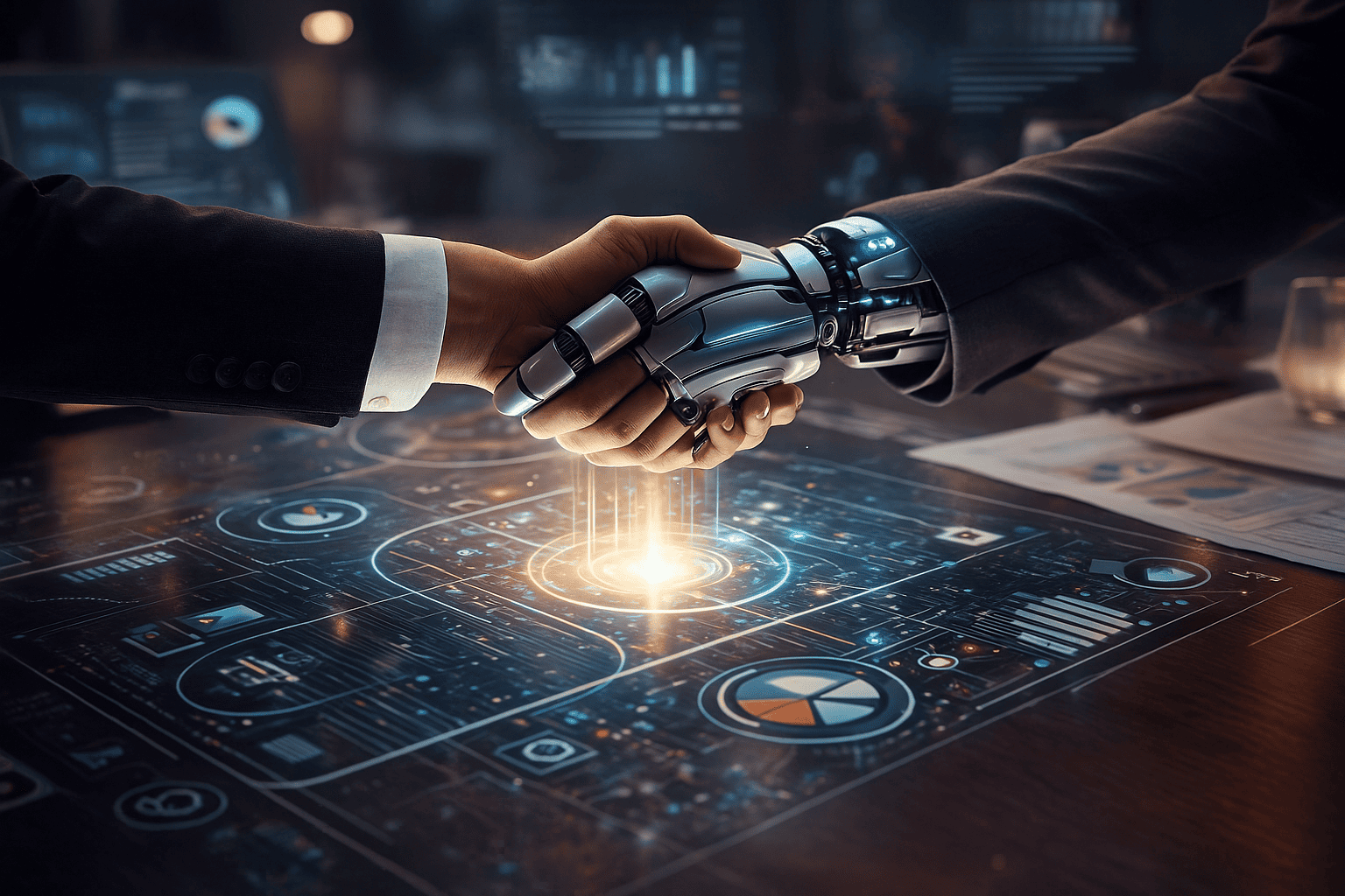 Human and robotic hands shake over a digital table with glowing data displays.