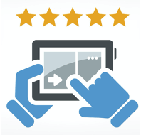 Una persona sostiene una tableta en sus manos con una calificación de cinco estrellas.