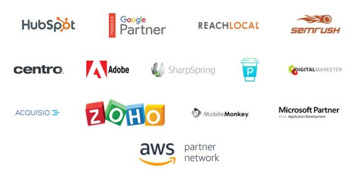Un montón de logotipos para diferentes empresas sobre un fondo blanco.