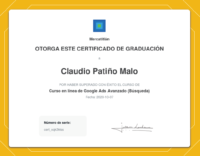 Un certificado que dice claudio patiño malo.