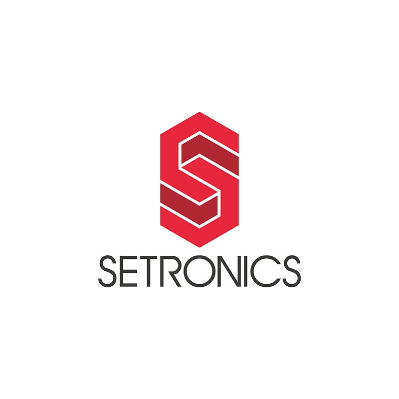 El logo de setronics es un hexágono rojo con flechas que apuntan en direcciones opuestas.