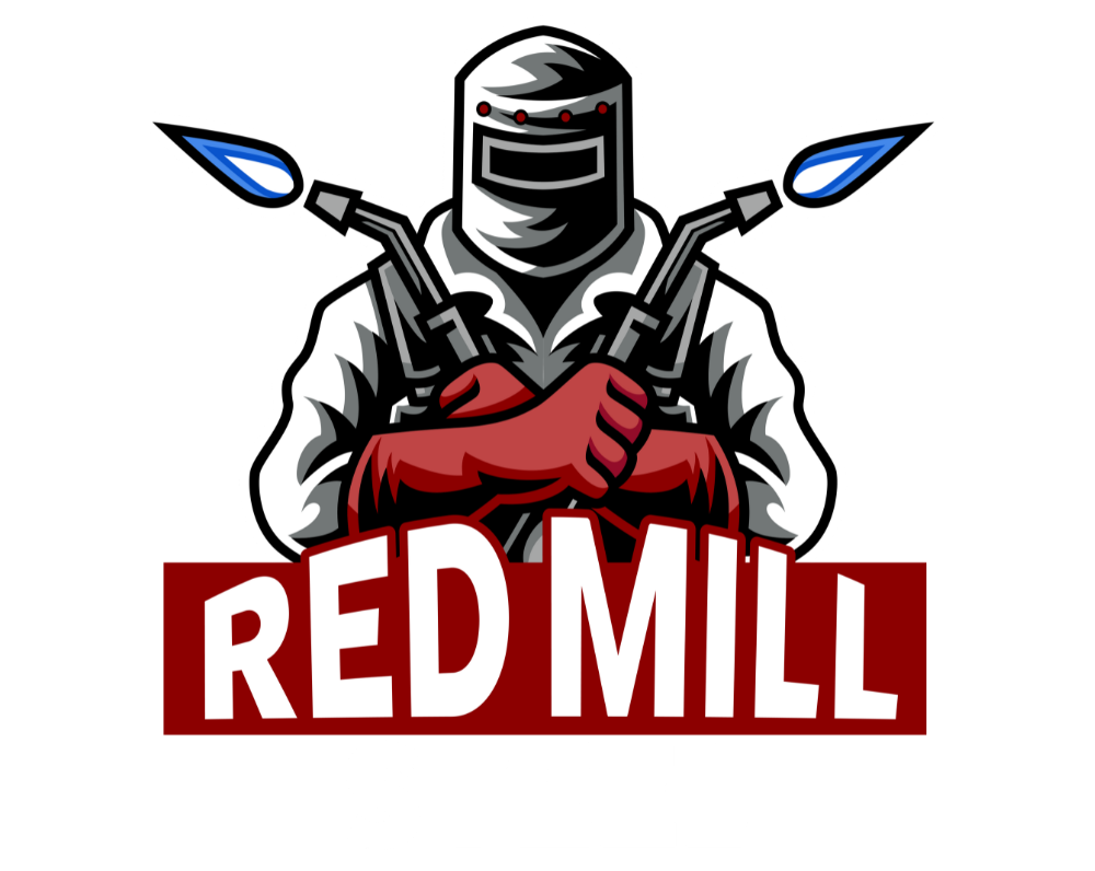 A logo of a welder in a welding helmet is holding two welding torches.