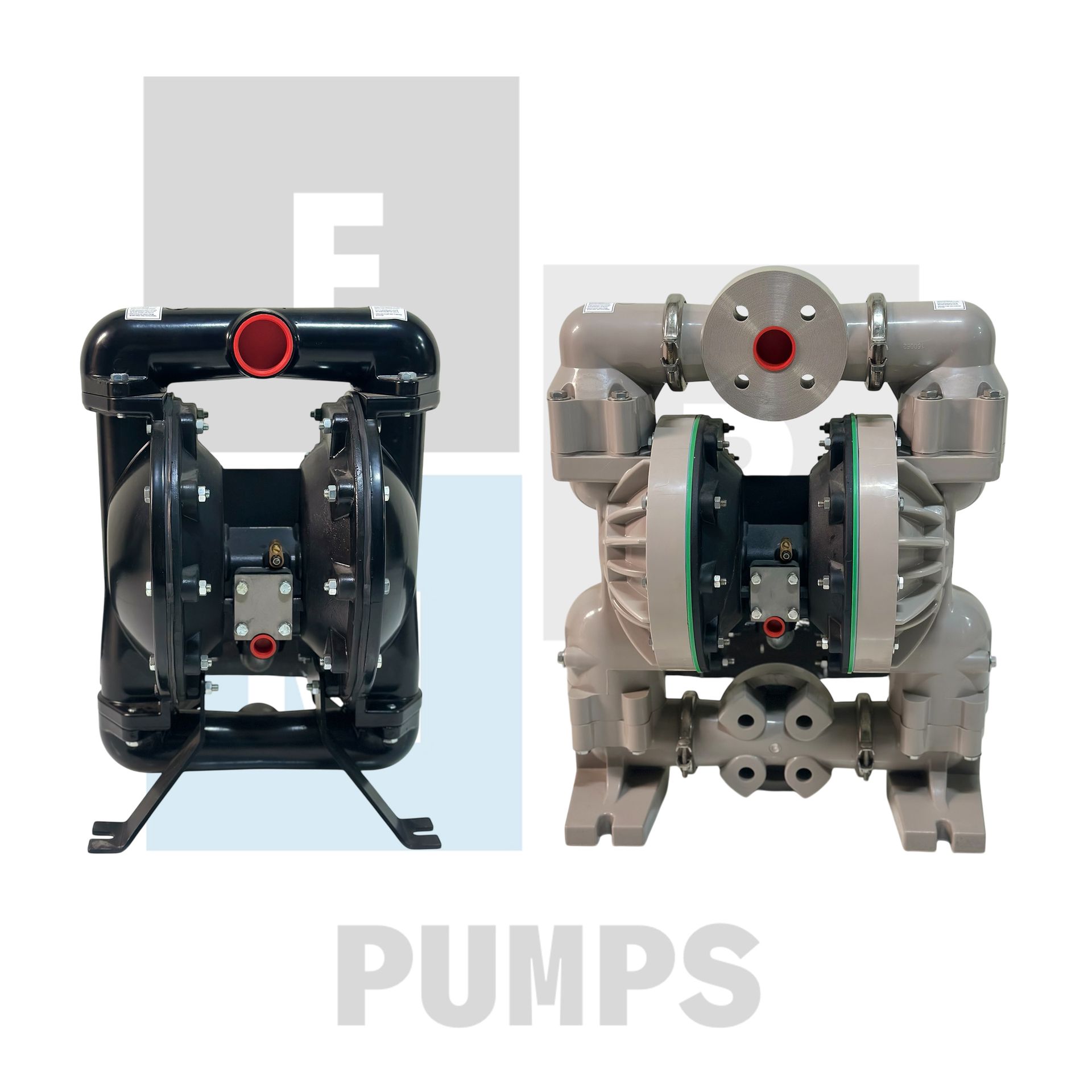 Dos bombas de diafragma industriales, una negra y otra gris.