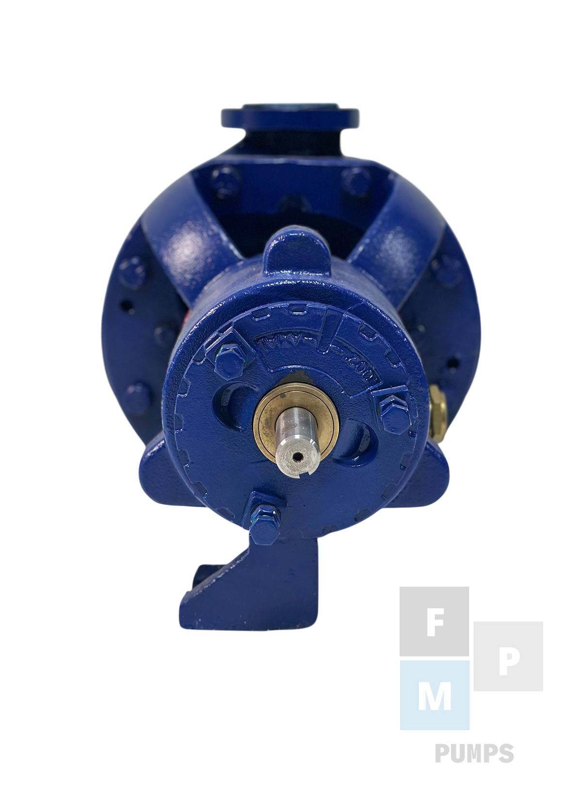 Bomba centrífuga azul con eje visible.