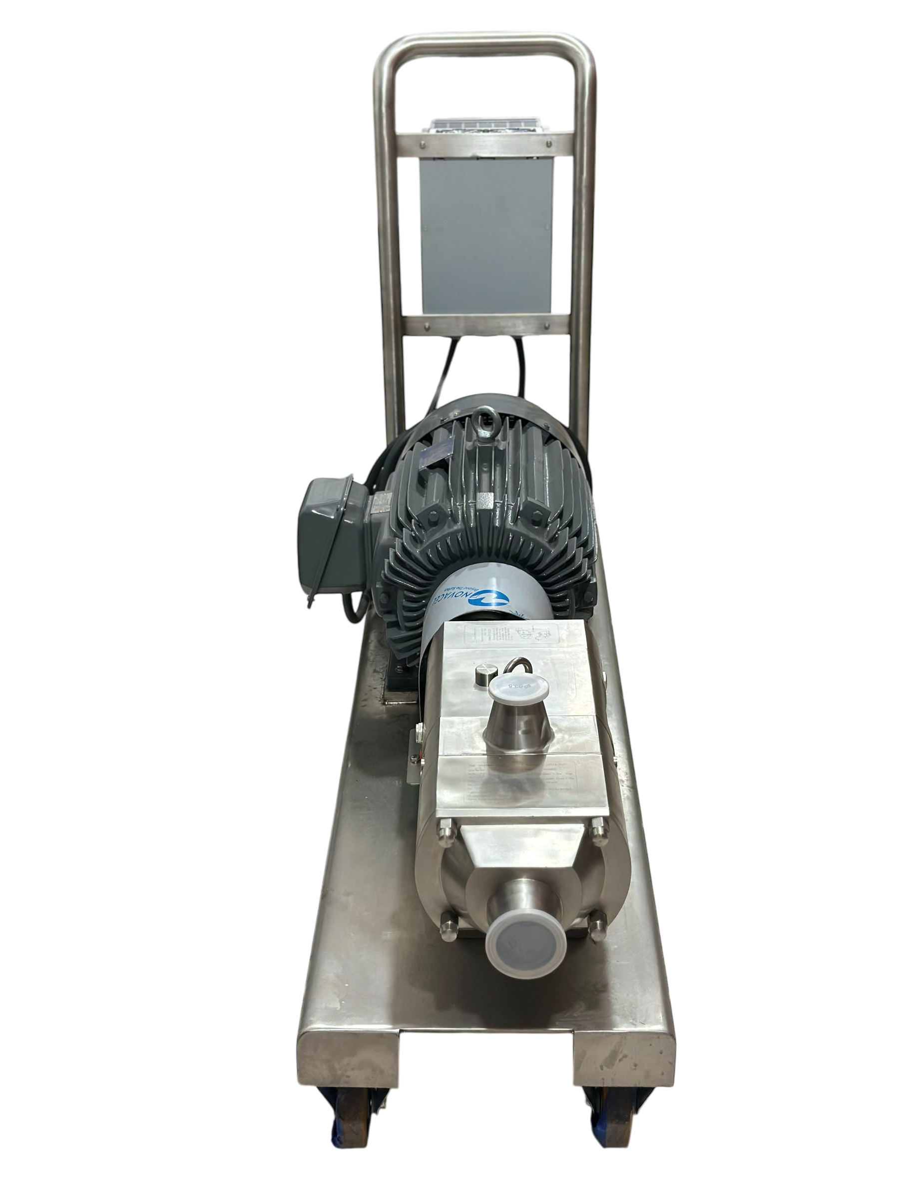 Bomba de acero inoxidable sobre carro con ruedas con motor eléctrico y depósito.