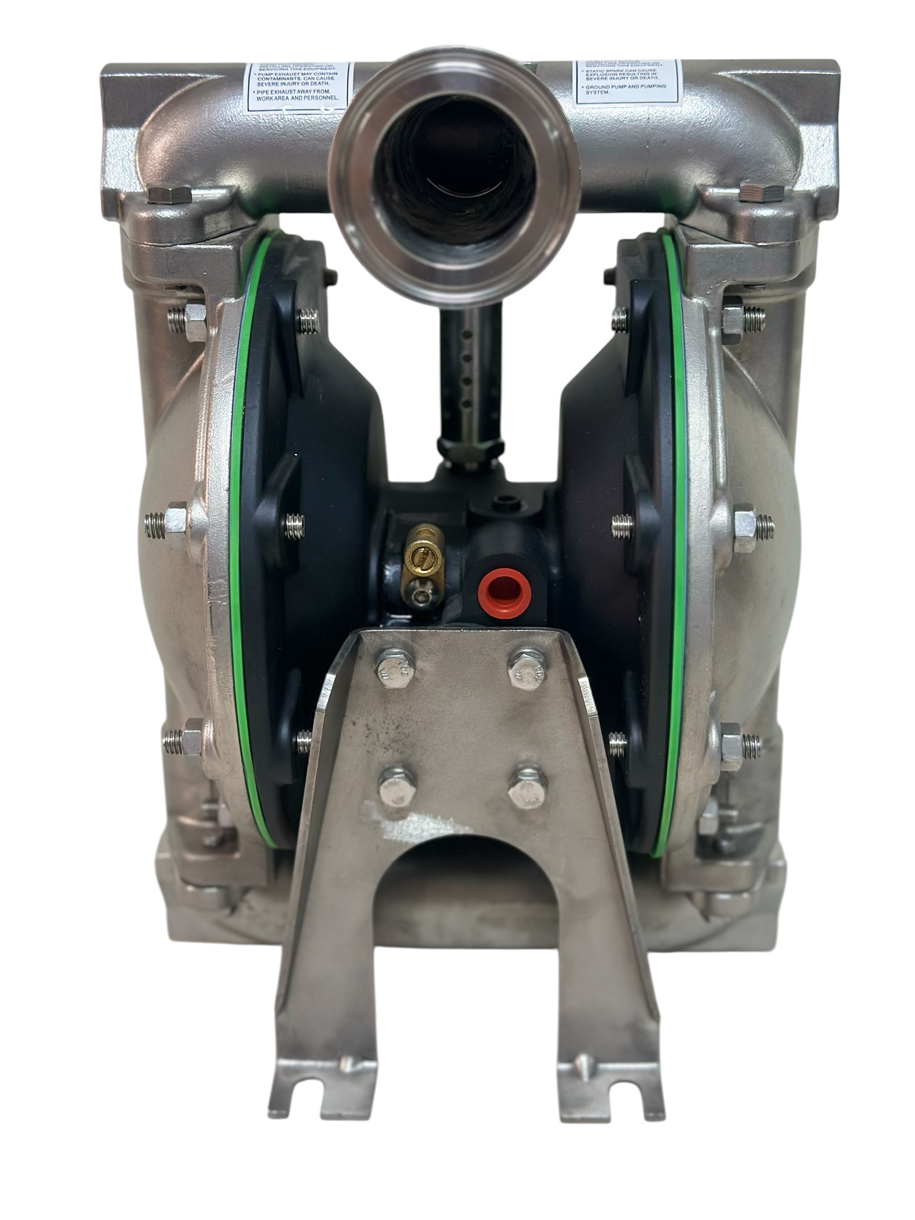 Bomba de doble diafragma neumática de acero inoxidable con base metálica y tubos de conexión, sobre fondo blanco.