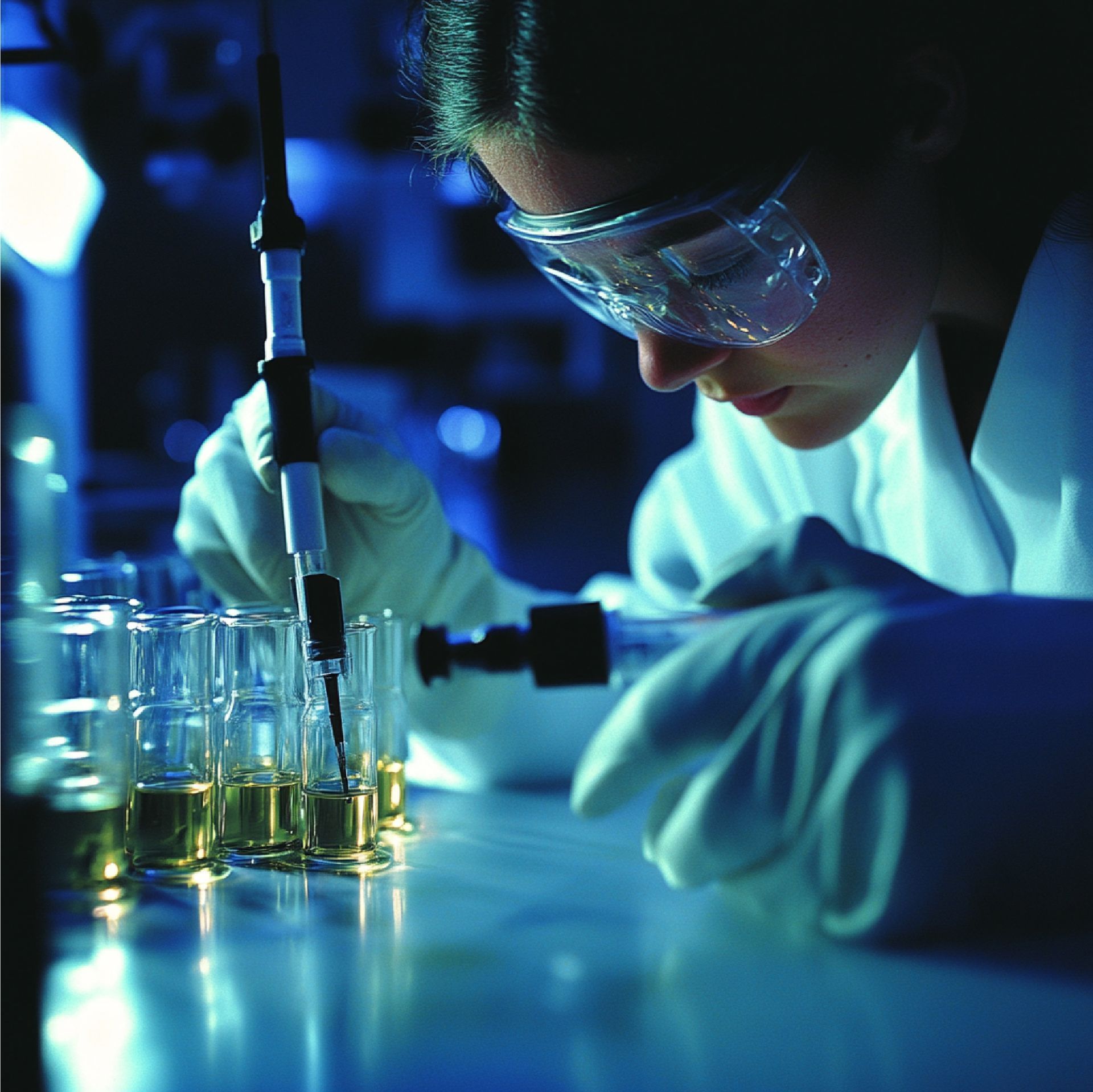 Científico con bata de laboratorio y gafas protectoras pipeteando cuidadosamente líquido en tubos de ensayo, trabajando bajo luz azul.