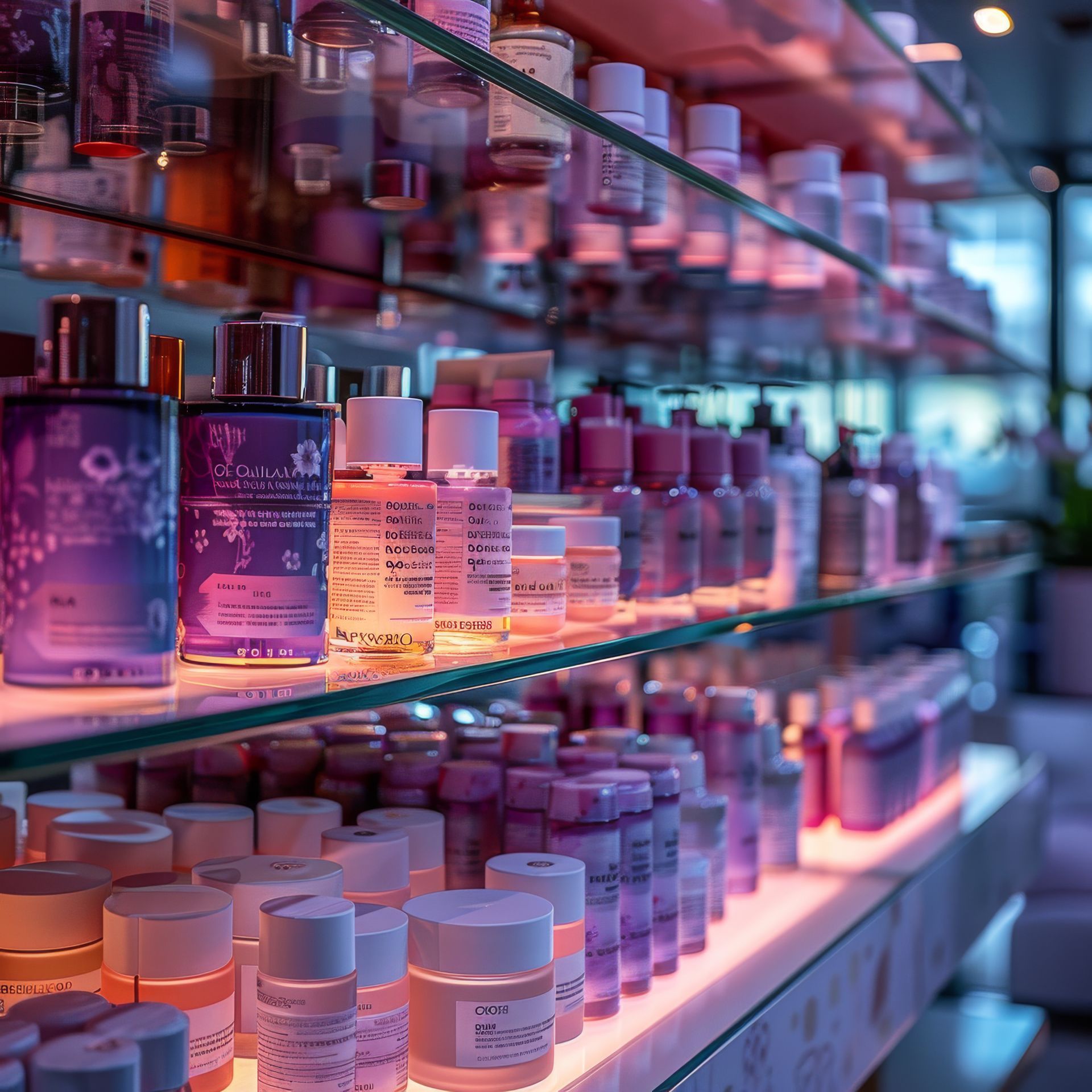Estanterías repletas de productos para el cuidado de la piel, en tonos morados y rosas, iluminadas con luz ambiental.