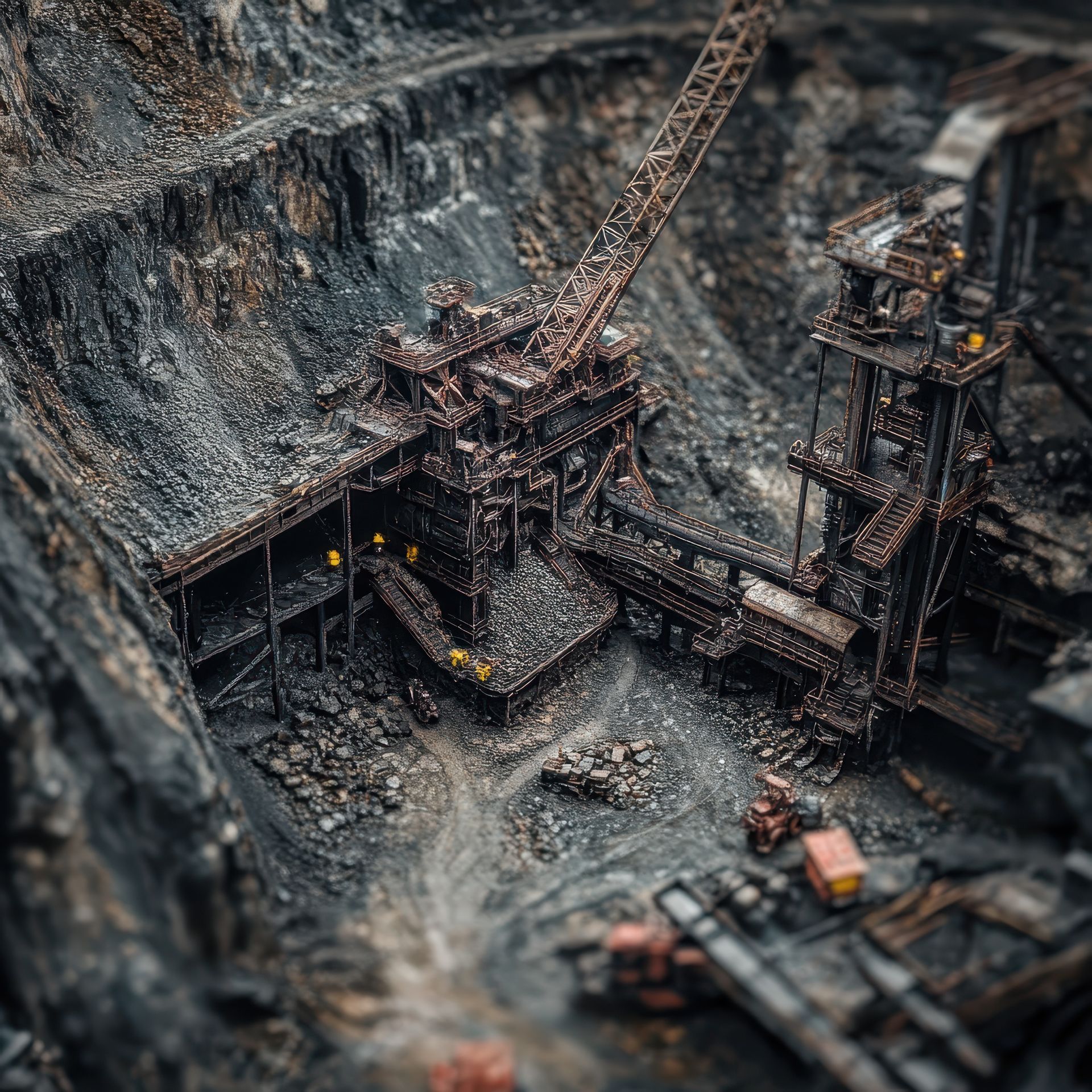 Vista aérea de una mina industrial oxidada con maquinaria y cinta transportadora en una cantera profunda.