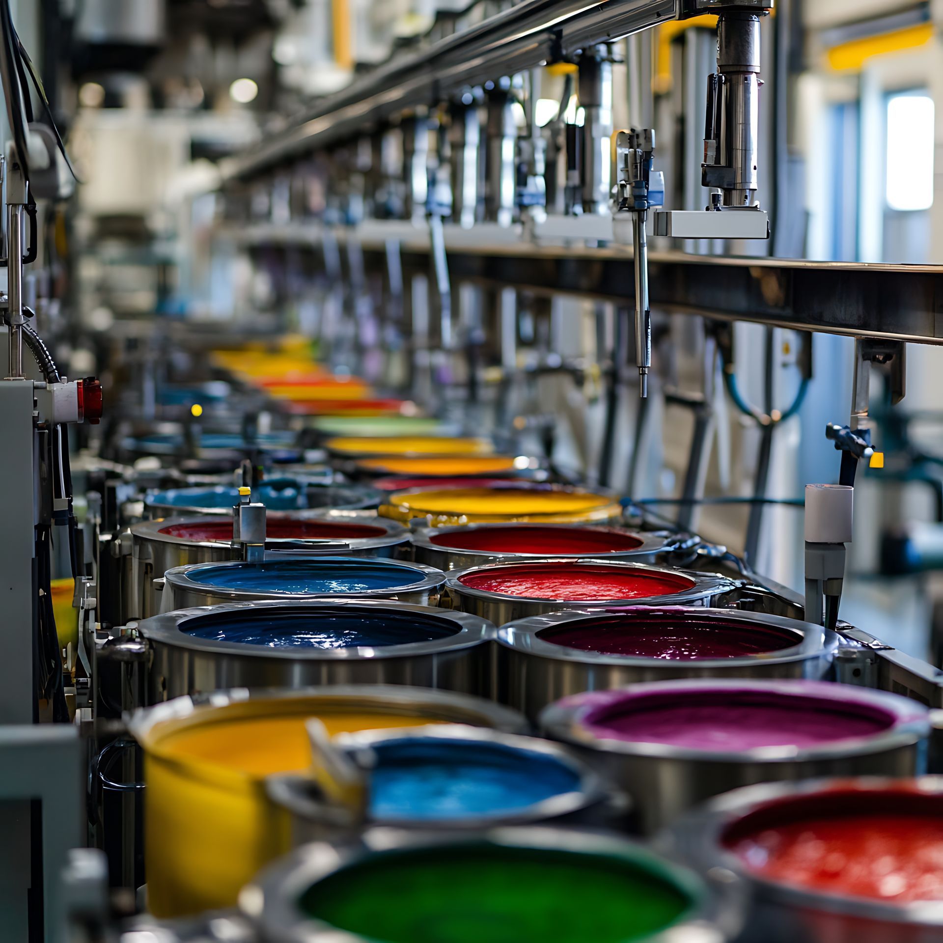Una línea de producción de fábrica con latas de pintura de colores en varios tonos vibrantes.