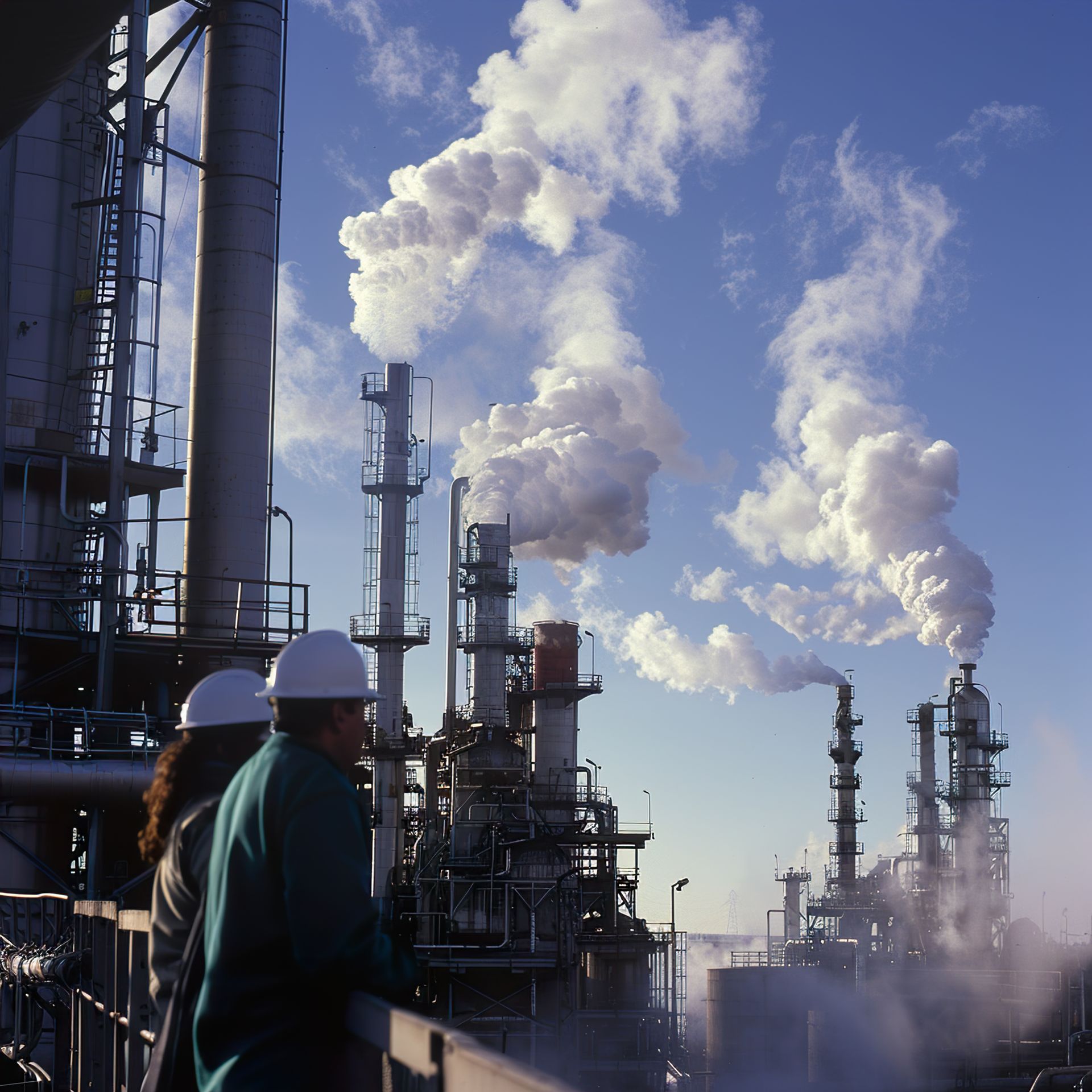 Fábrica con columnas de humo ondulantes y dos personas con equipo de seguridad observando.