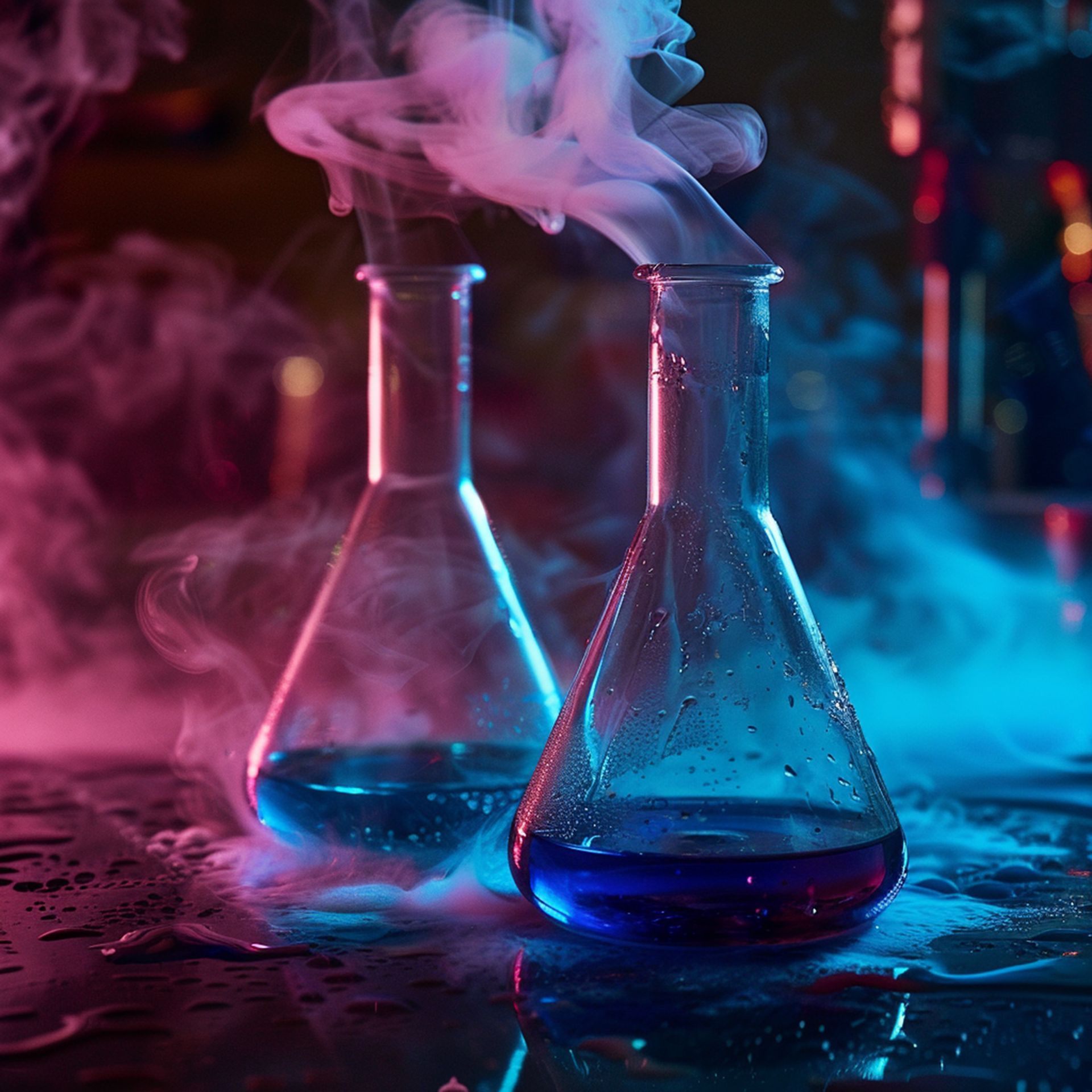 Dos matraces de laboratorio con líquido y vapor de color azul, iluminados con luces rosas y azules.