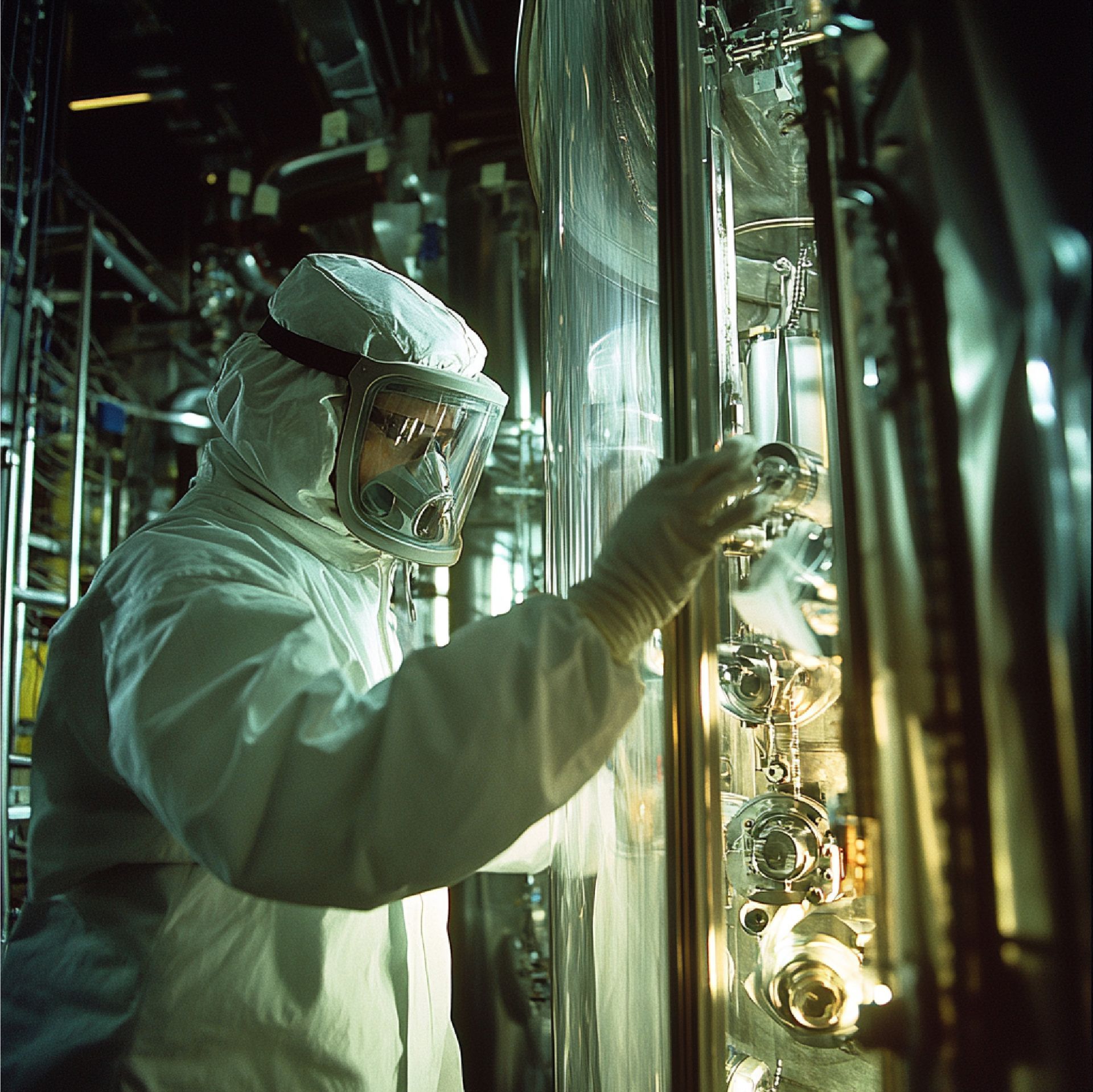 Persona con equipo de protección trabajando con maquinaria en un entorno de laboratorio.