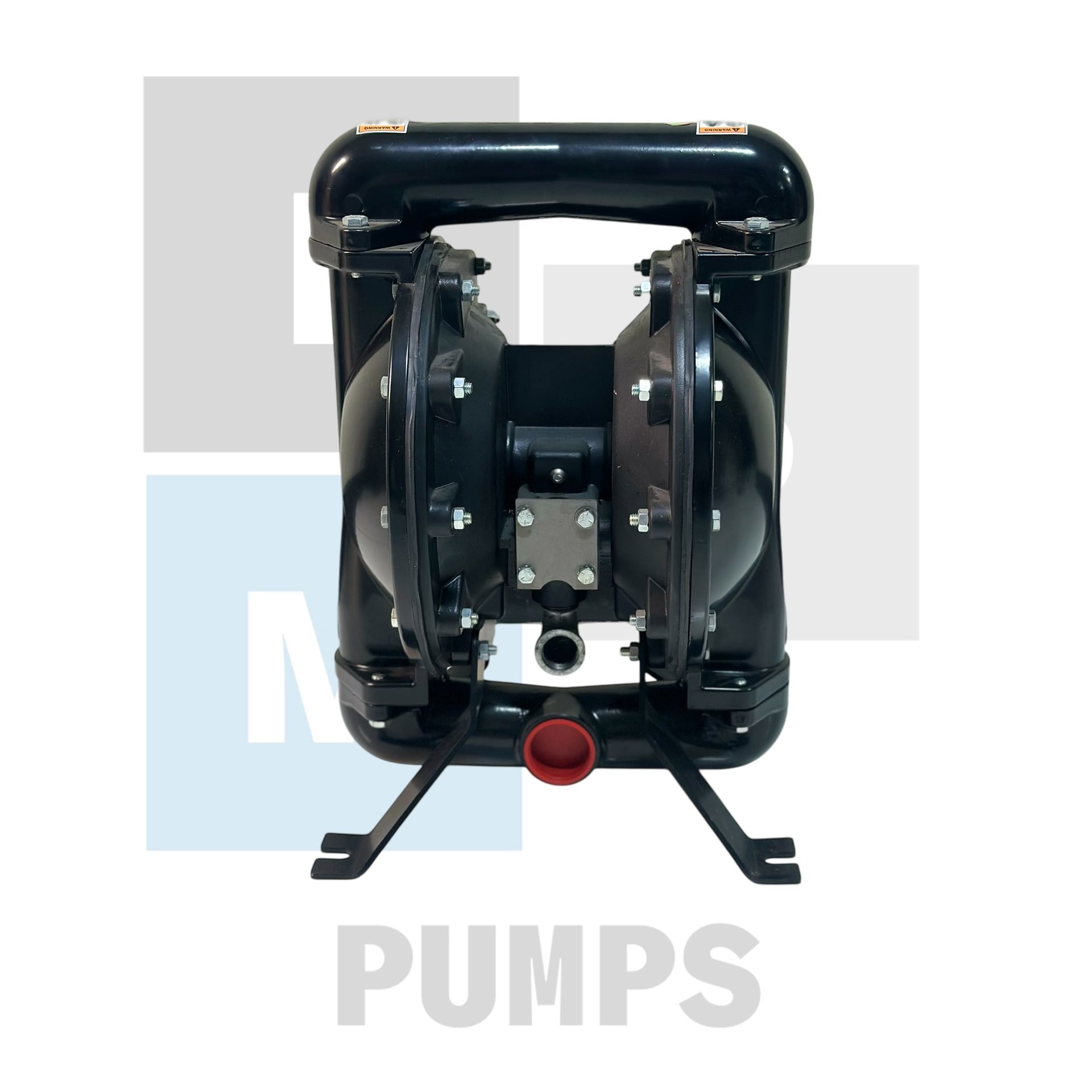 Bomba de doble diafragma neumática negra con puerto de entrada rojo, montada sobre soportes y la palabra 