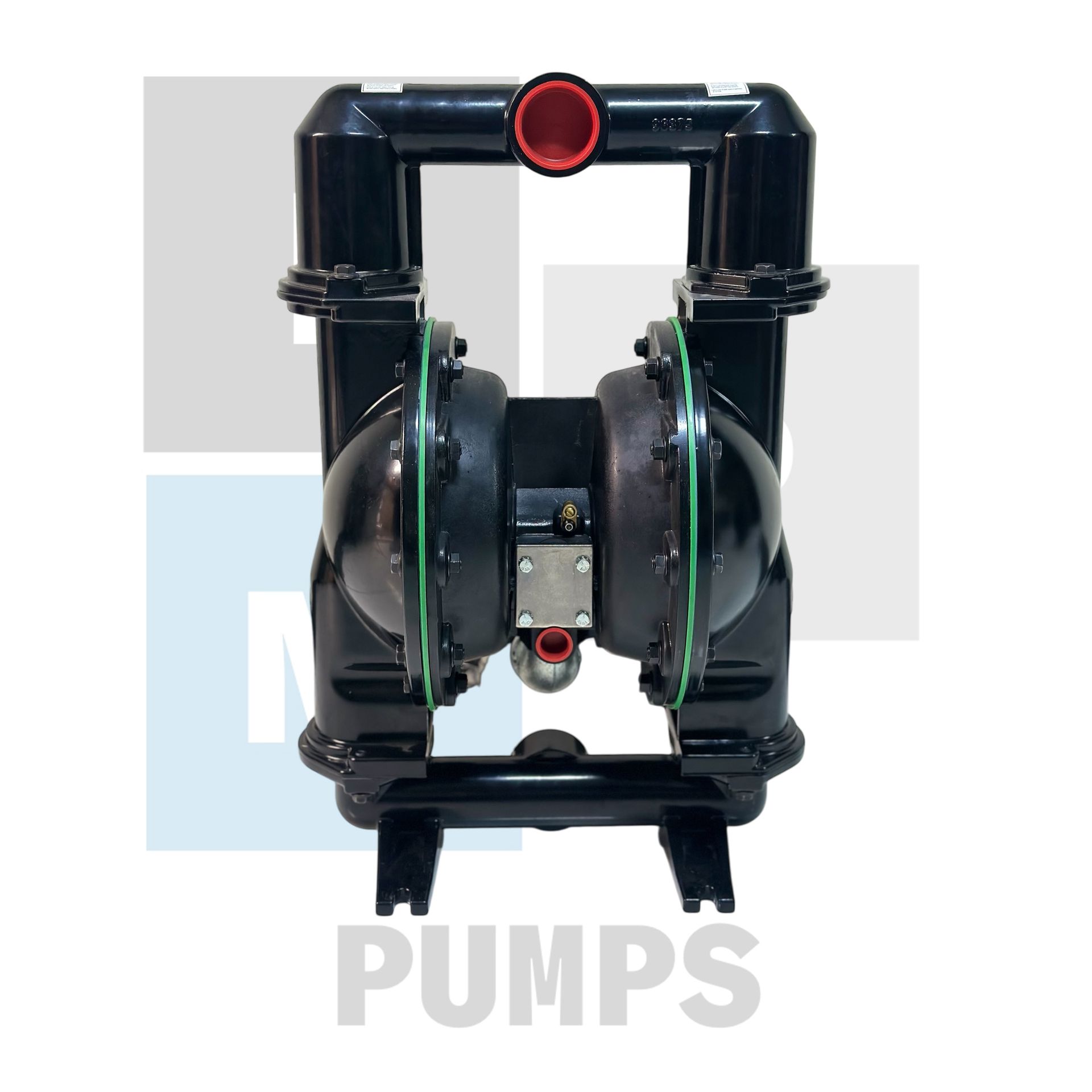 Bomba de doble diafragma neumática de color negro con entrada/salida de color rojo.