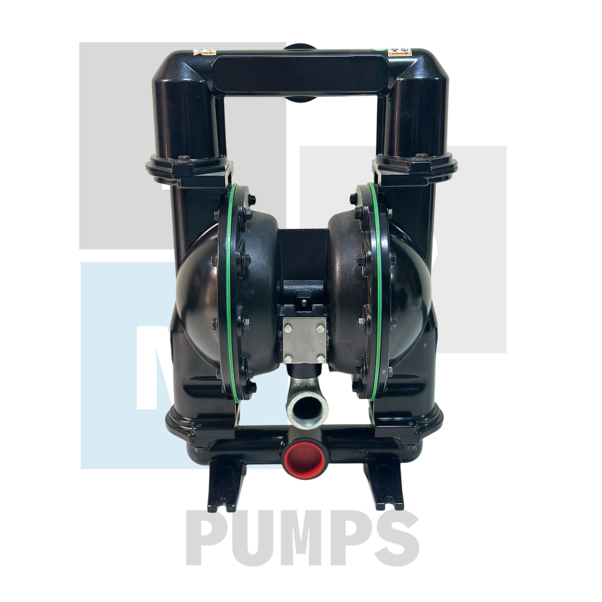 Bomba de doble diafragma neumática de color negro con entrada roja y sellos verdes.