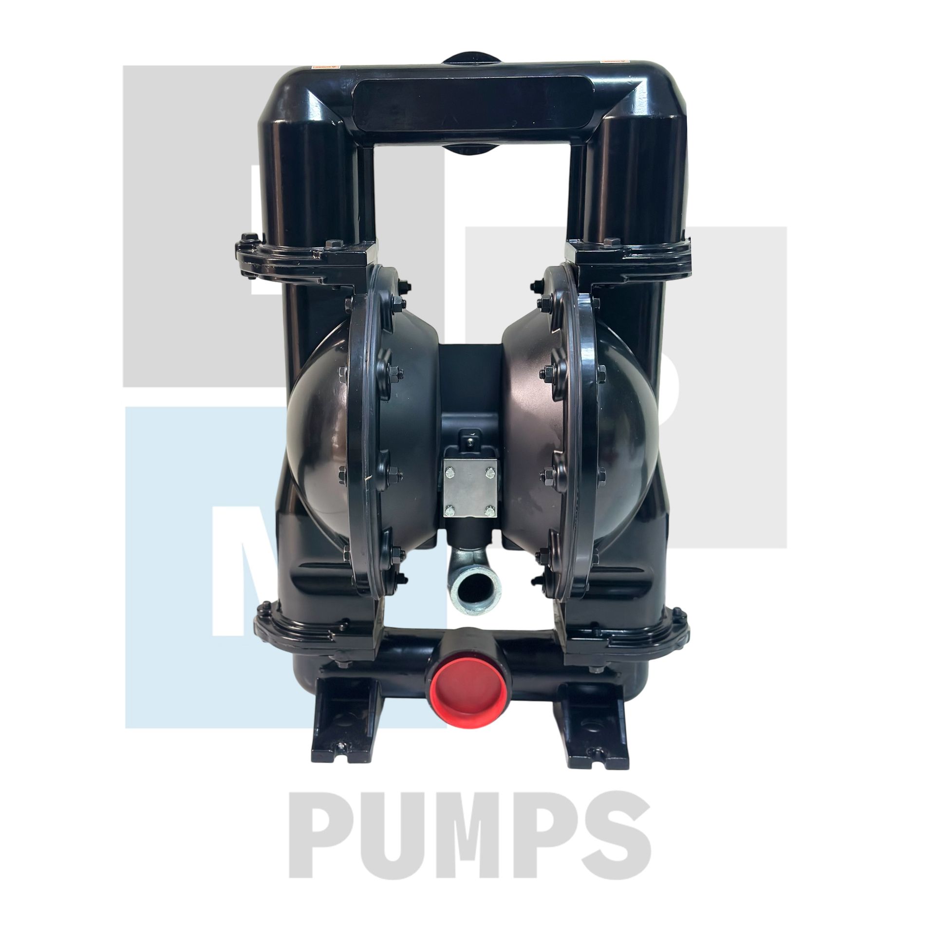 Bomba de doble diafragma neumática de color negro con tapa roja y fondo blanco.