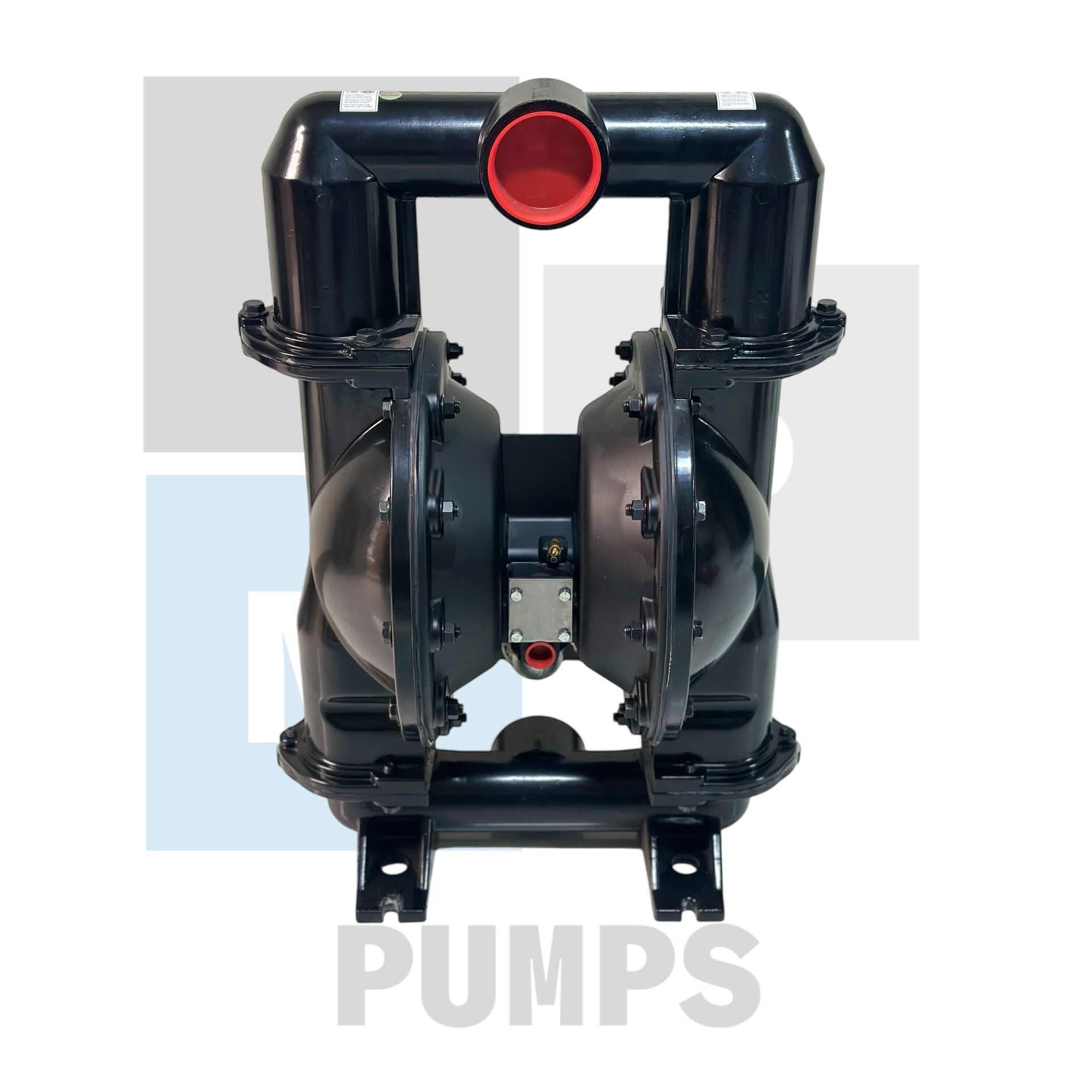 Bomba de diafragma doble neumática negra con detalles en rojo, vista desde el frente.
