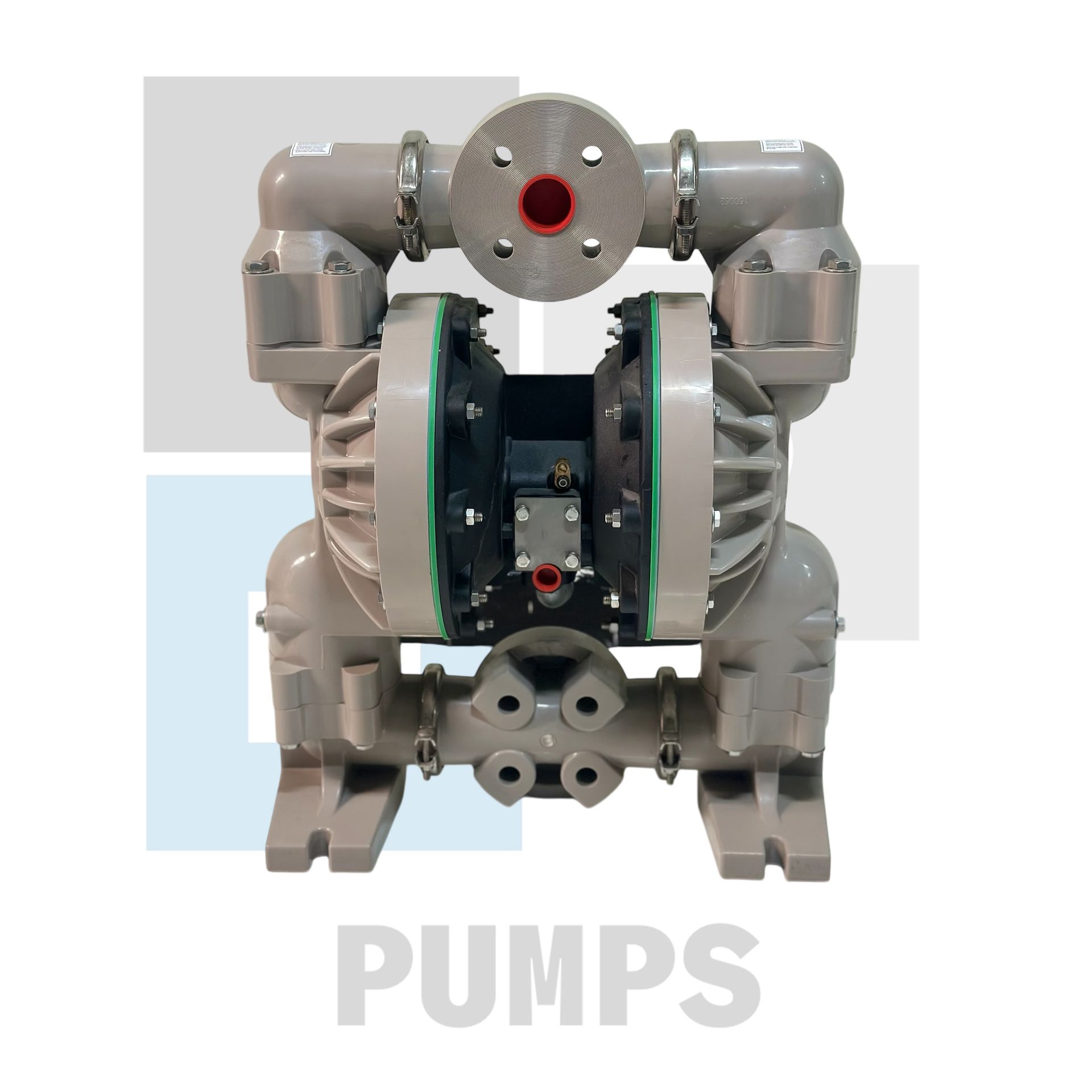 Bomba neumática de doble diafragma de color gris con bridas y boquillas circulares.