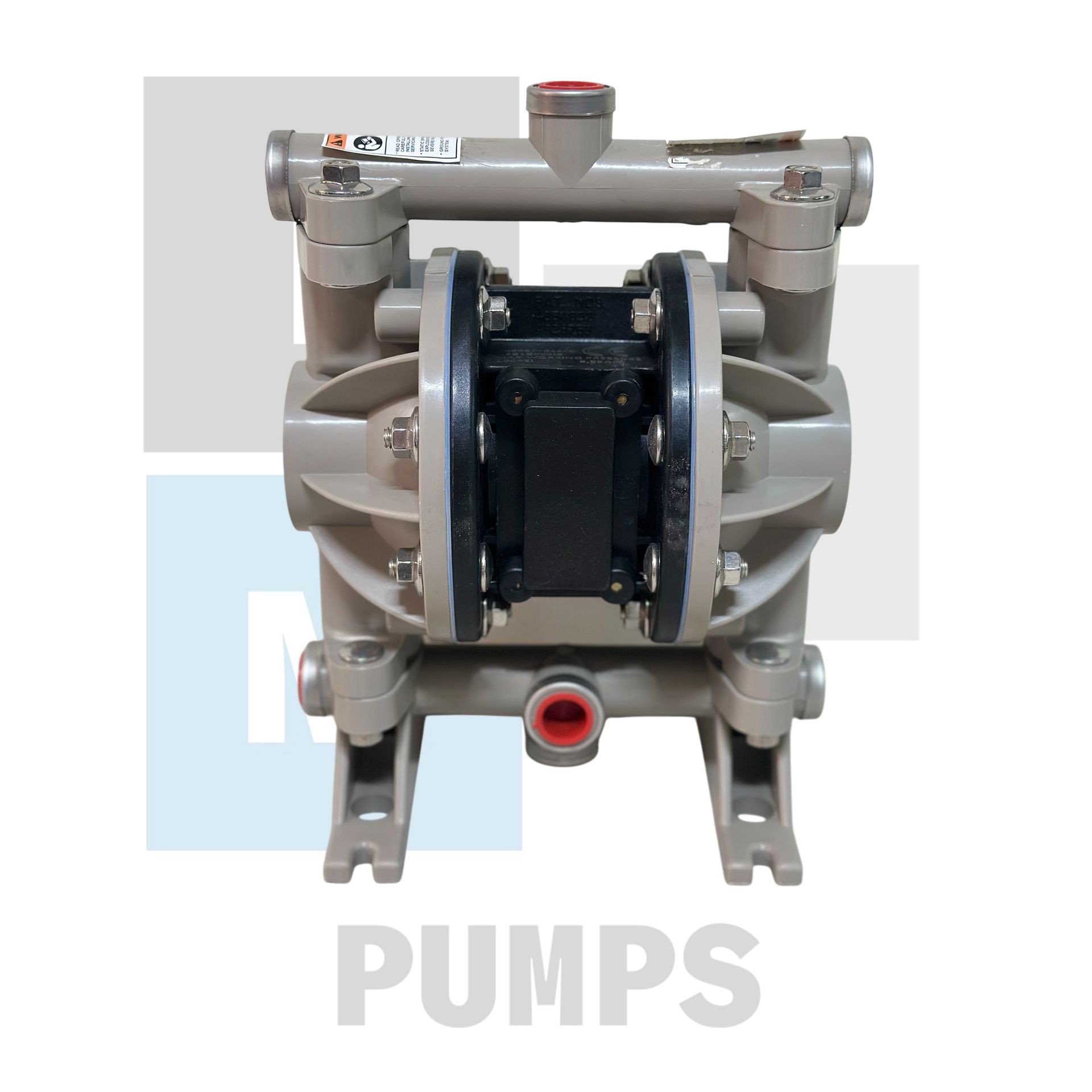 Bomba de diafragma neumática gris con detalles en rojo y negro, etiquetada 