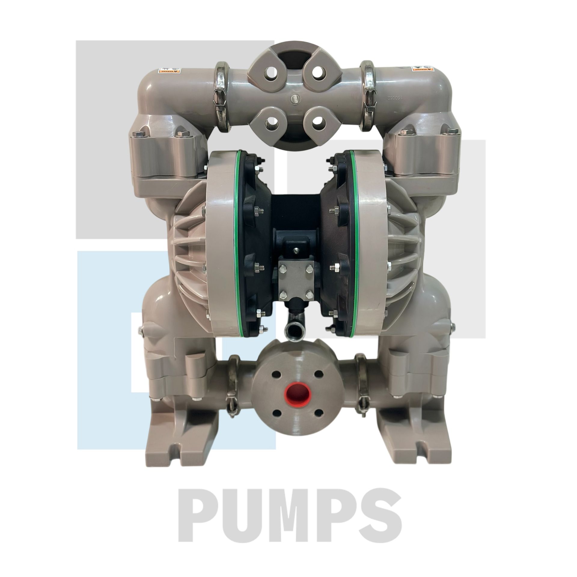 Bomba de diafragma neumática gris con conexiones de tubería. La palabra 