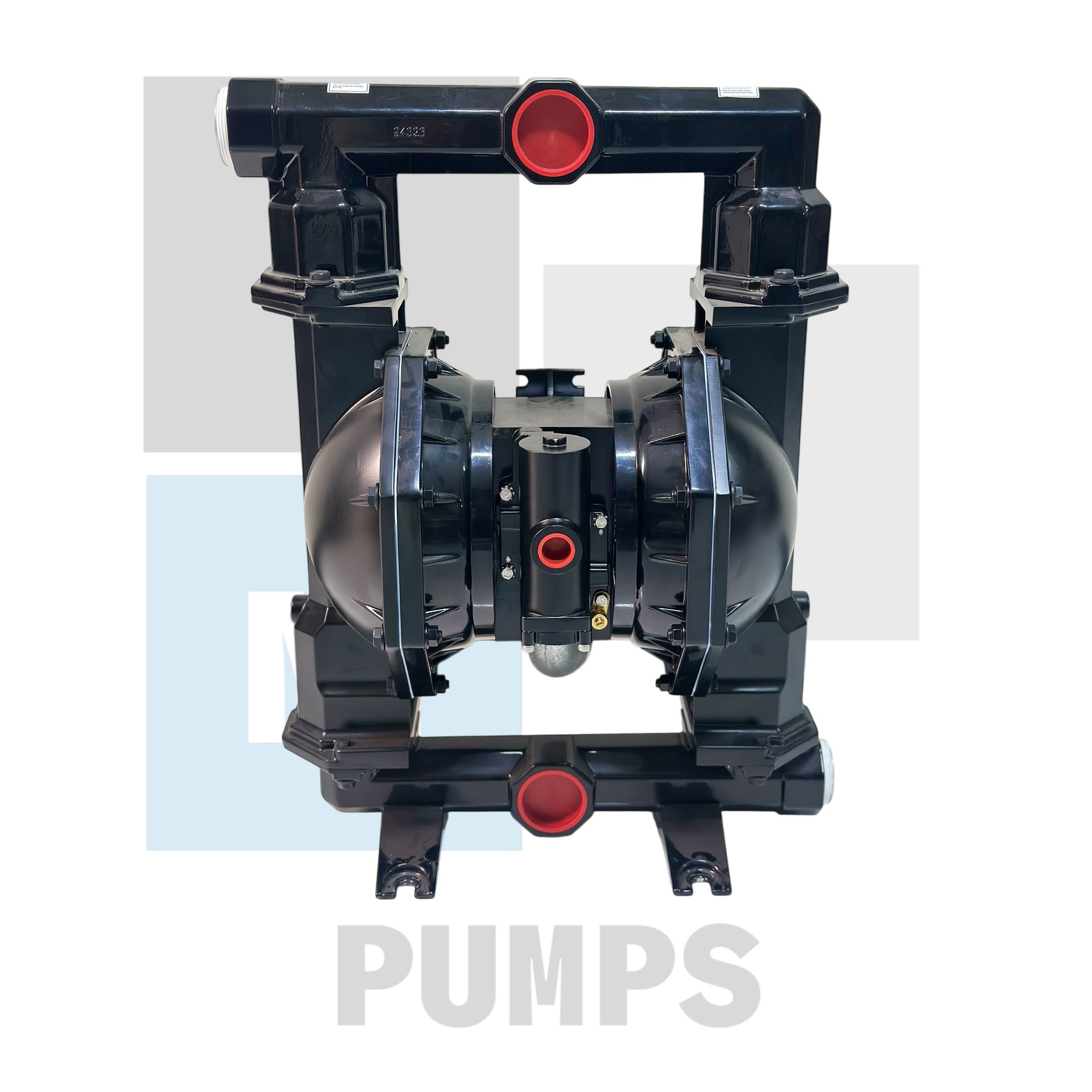 Bomba de doble diafragma neumática de color negro con puertos rojos; fondo blanco con texto 