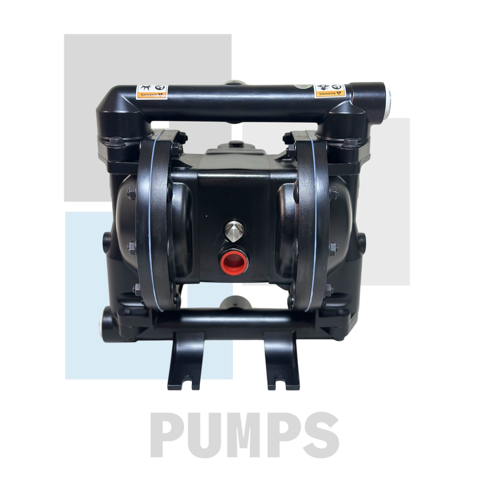 Bomba de doble diafragma neumática de color negro con soporte de montaje, vista de frente.