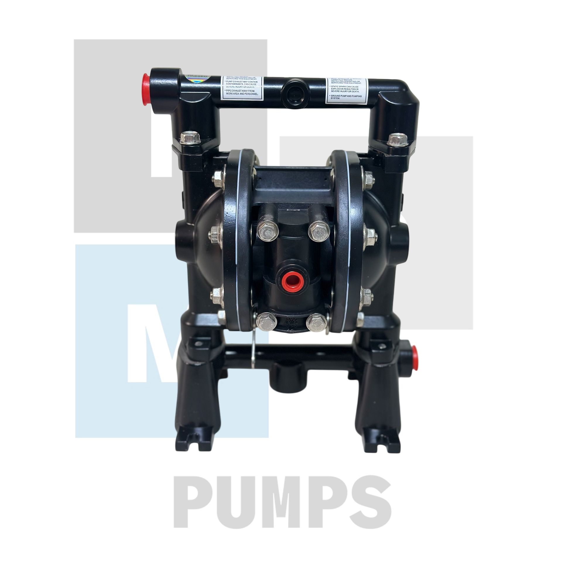 Bomba neumática de doble diafragma, color negro, con múltiples puertos, pernos y barra superior etiquetada. Texto 