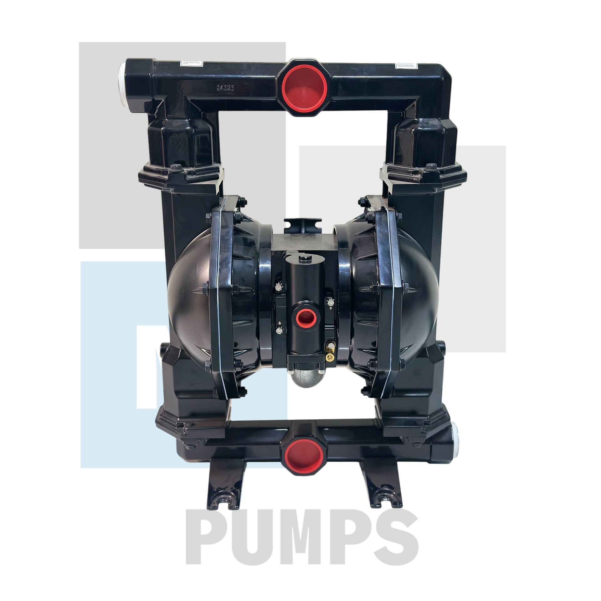 Bomba de doble diafragma neumática de color negro con detalles en rojo sobre fondo blanco.