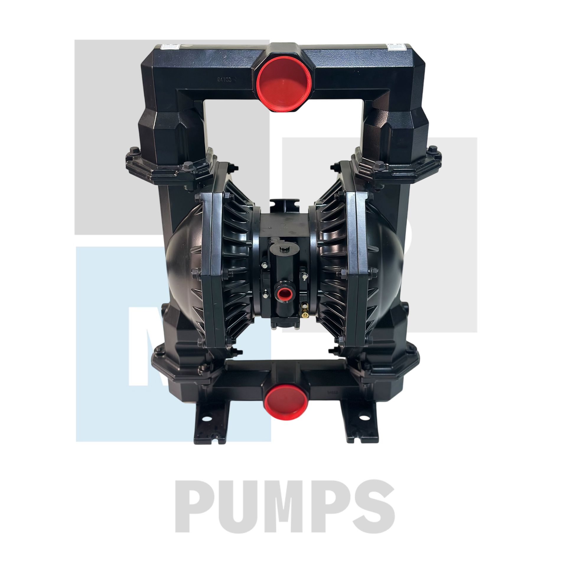 Bomba de doble diafragma accionada por aire, de color negro y rojo.