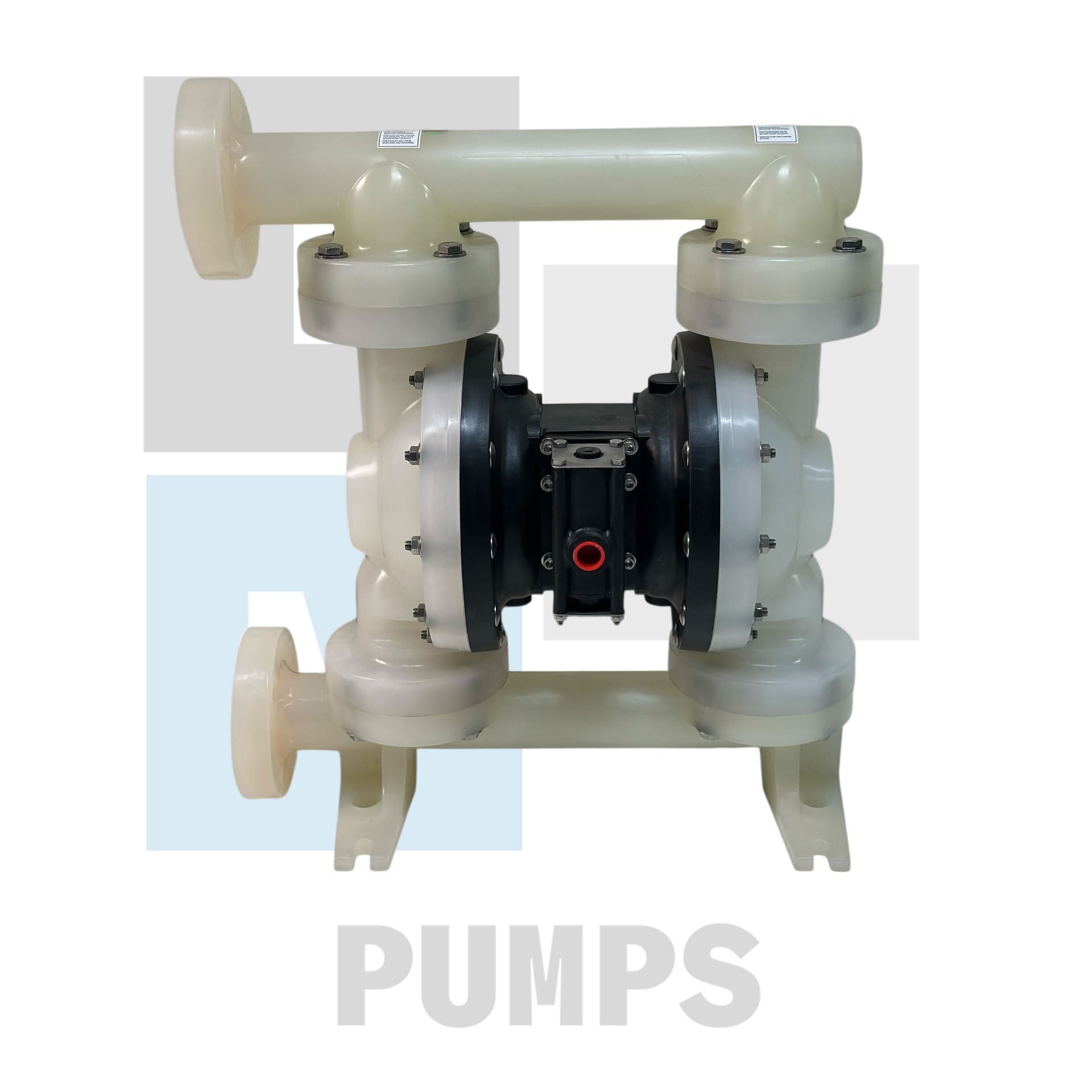 Bomba de diafragma blanca y negra con bridas, etiquetada 