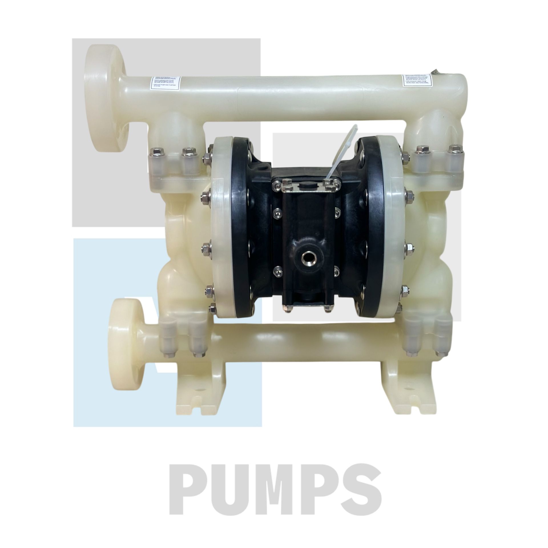 Bomba de doble diafragma neumática blanca y negra con bridas de conexión; texto 