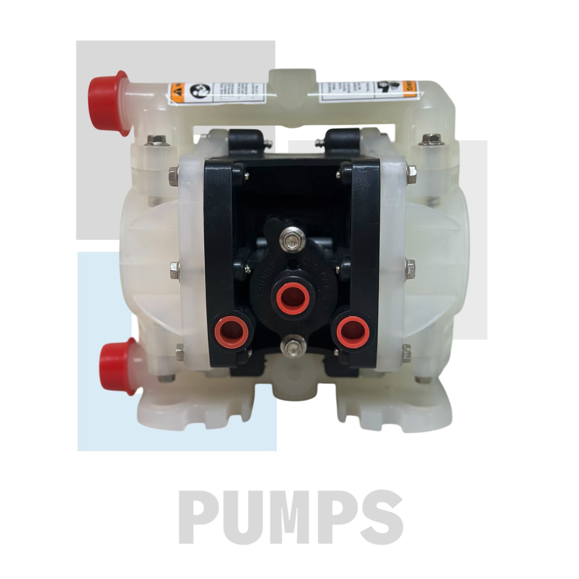 Bomba de diafragma doble, accionada por aire, de color blanco y negro, con accesorios rojos y etiquetada 