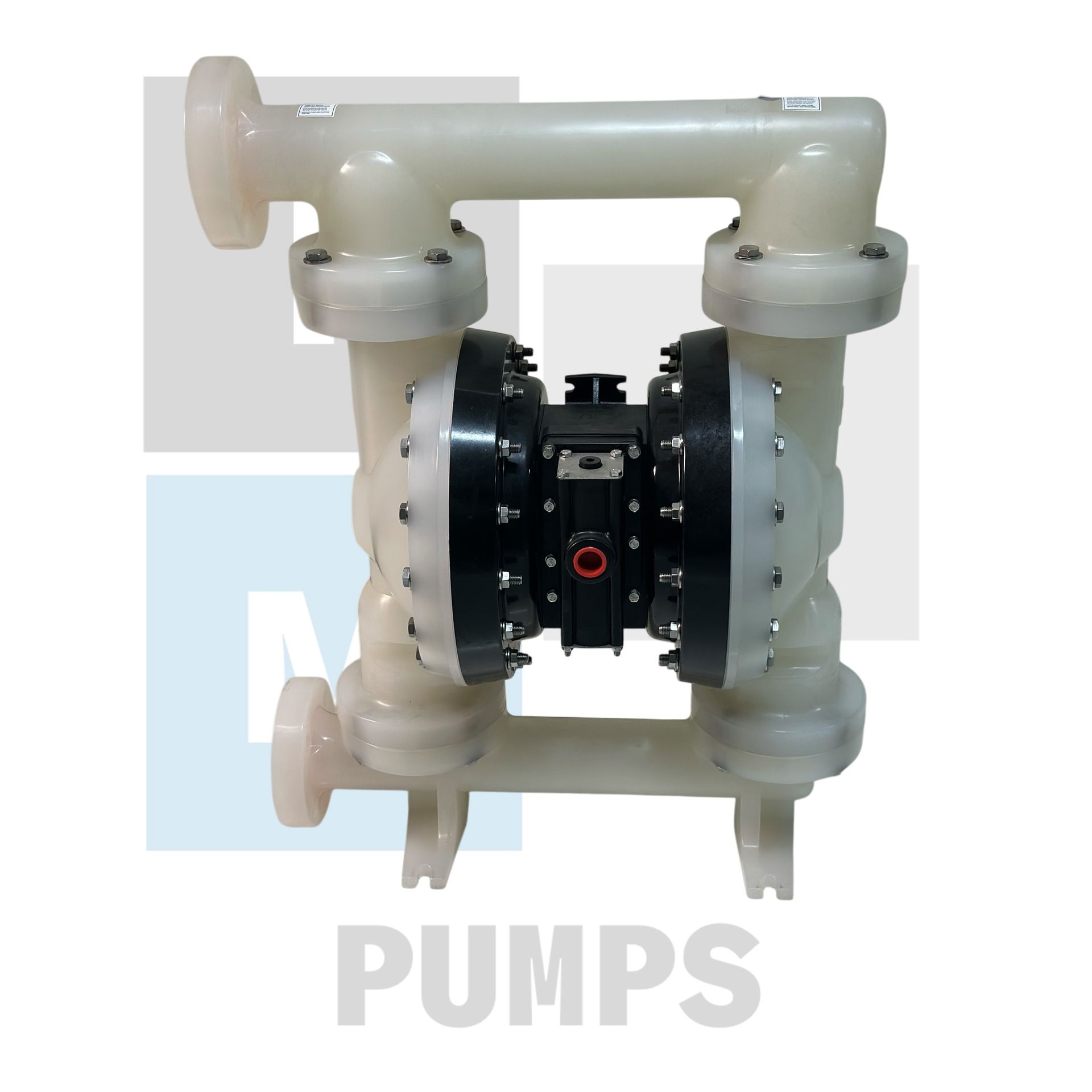 Bomba neumática de doble diafragma, de color blanco y negro, con bridas, para el movimiento de líquidos.