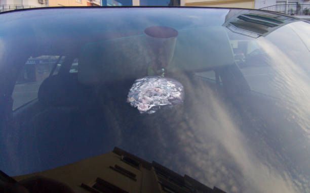 A round crack in the middle of a car’s windscreen.