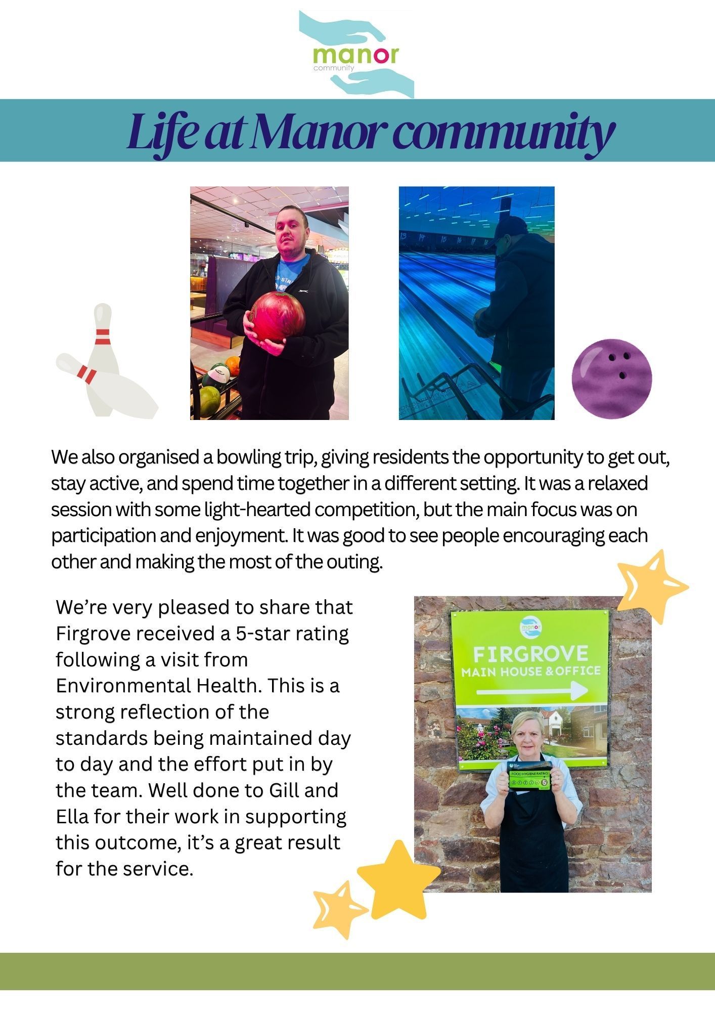 People bowling and 5 star review
