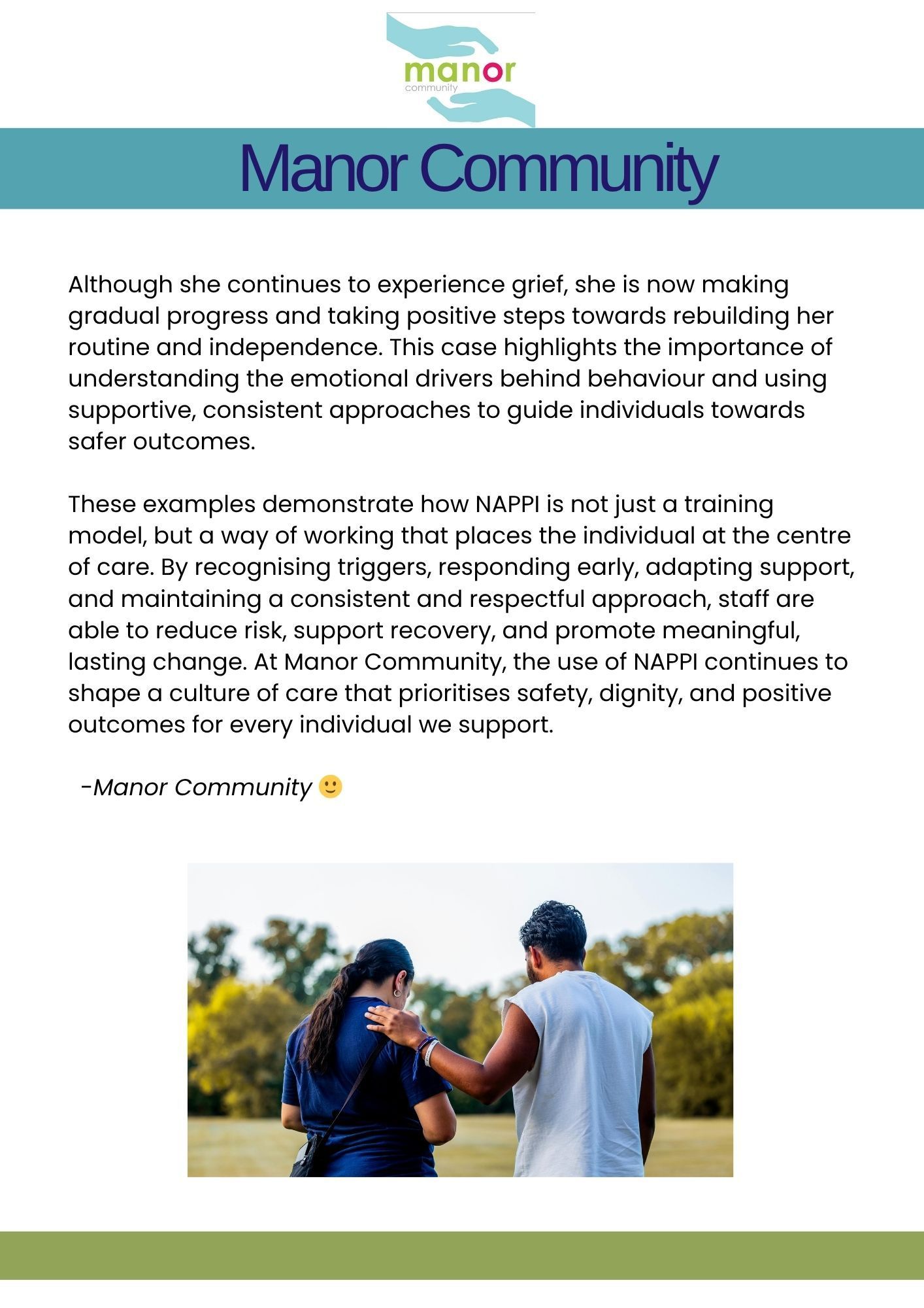 man with hand on shoulder, supporting lady