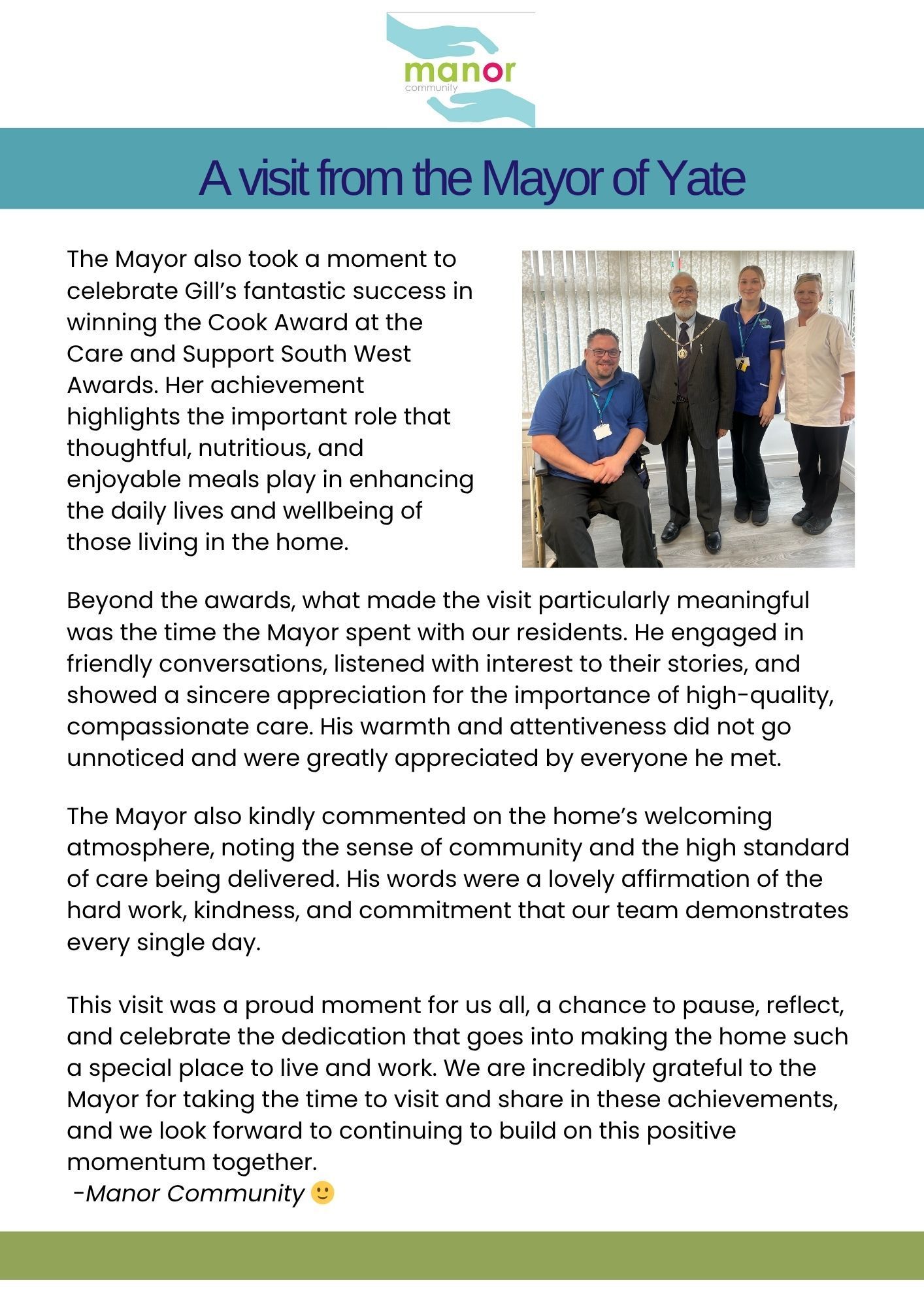 Image of the mayor of yate with staff members and text explaining the visit