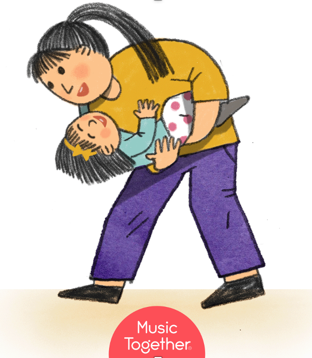 A cartoon of a woman holding a baby with the words music together below her