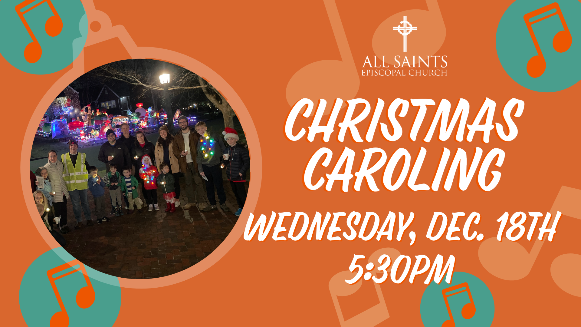 A christmas caroling is taking place on wednesday , december 20th at 5:30 pm.