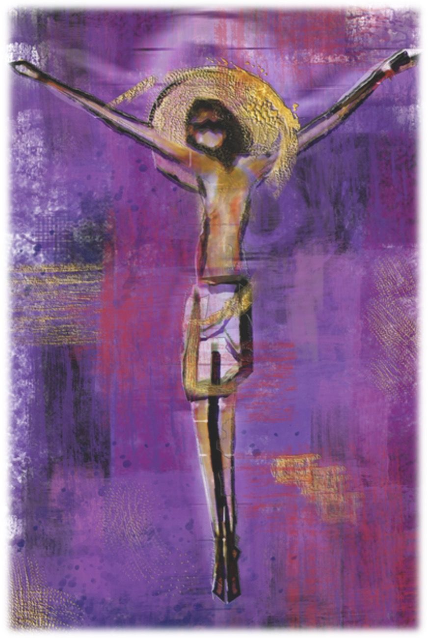 A painting of jesus on the cross on a purple background.