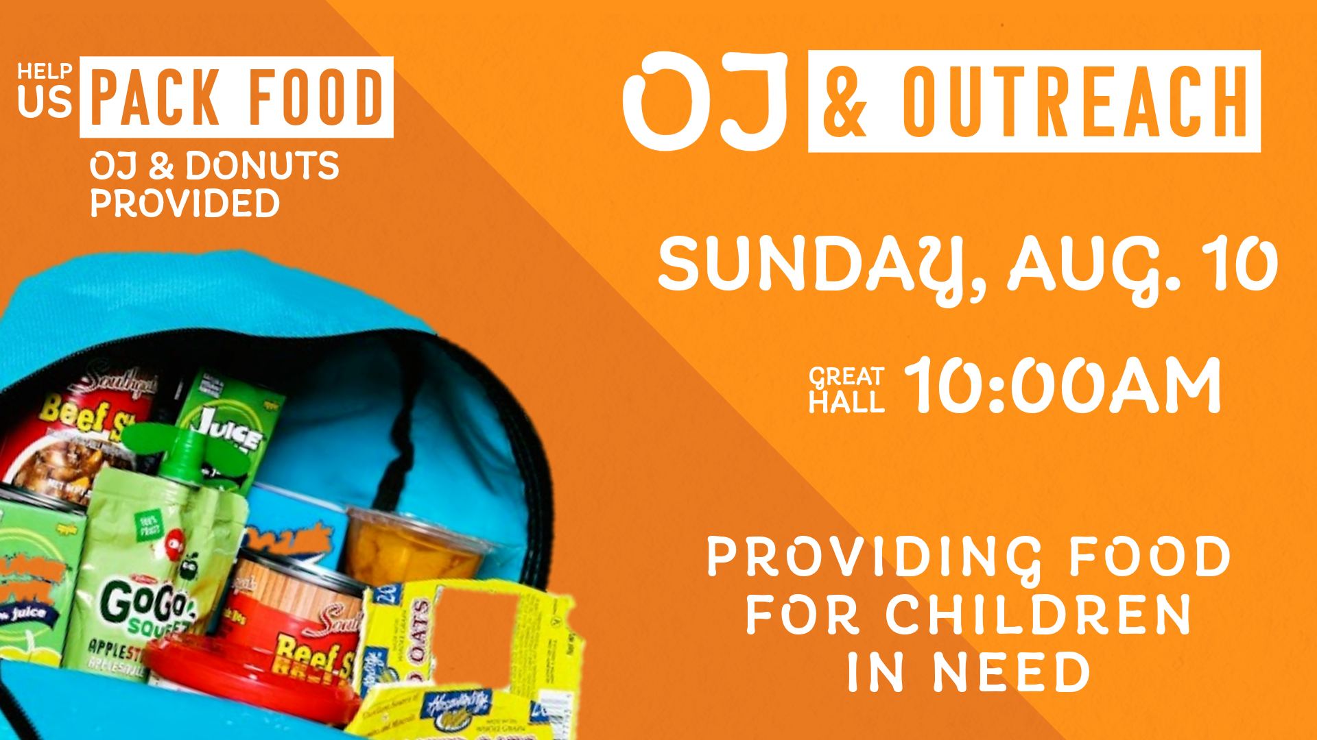 A blue backpack filled with snacks and a sign that says `` help us pack food this sunday ! ''