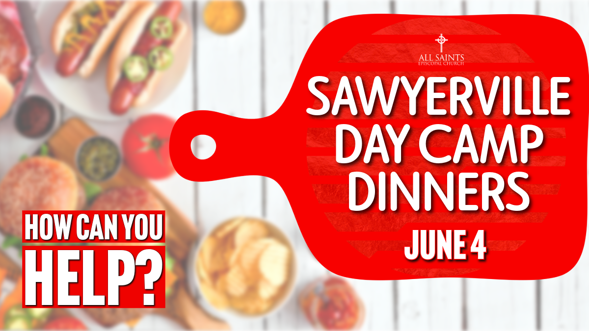 A table topped with plates of food and a cutting board that says sawyerville summer camp dinners.