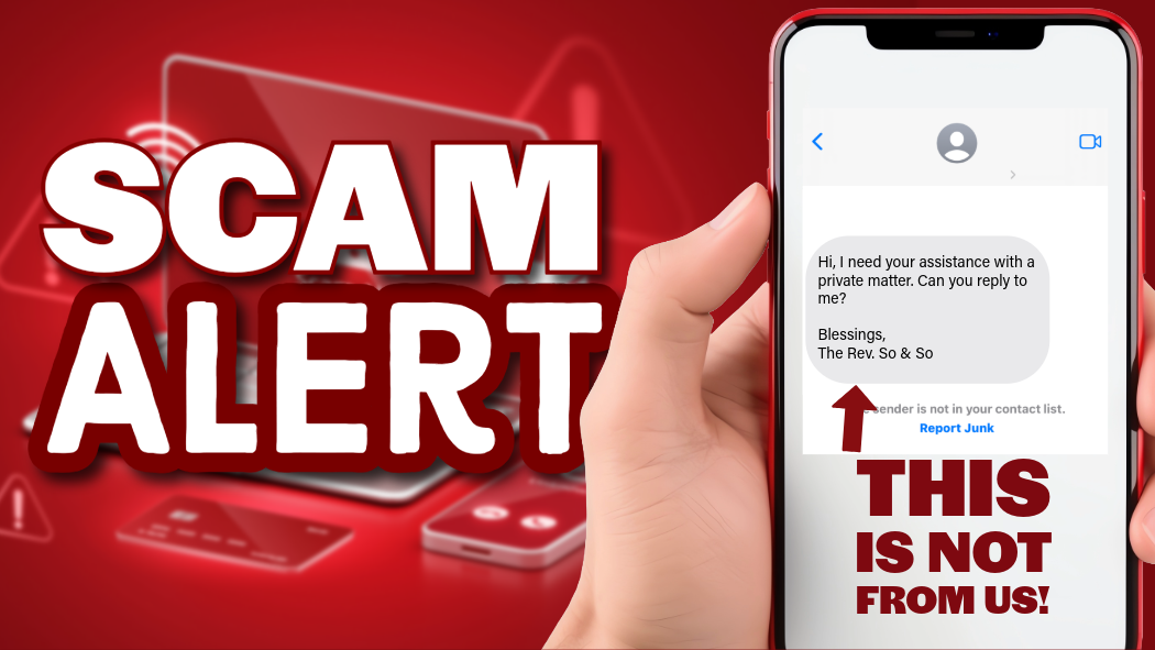 A person is holding a cell phone with a scam stamp on it.