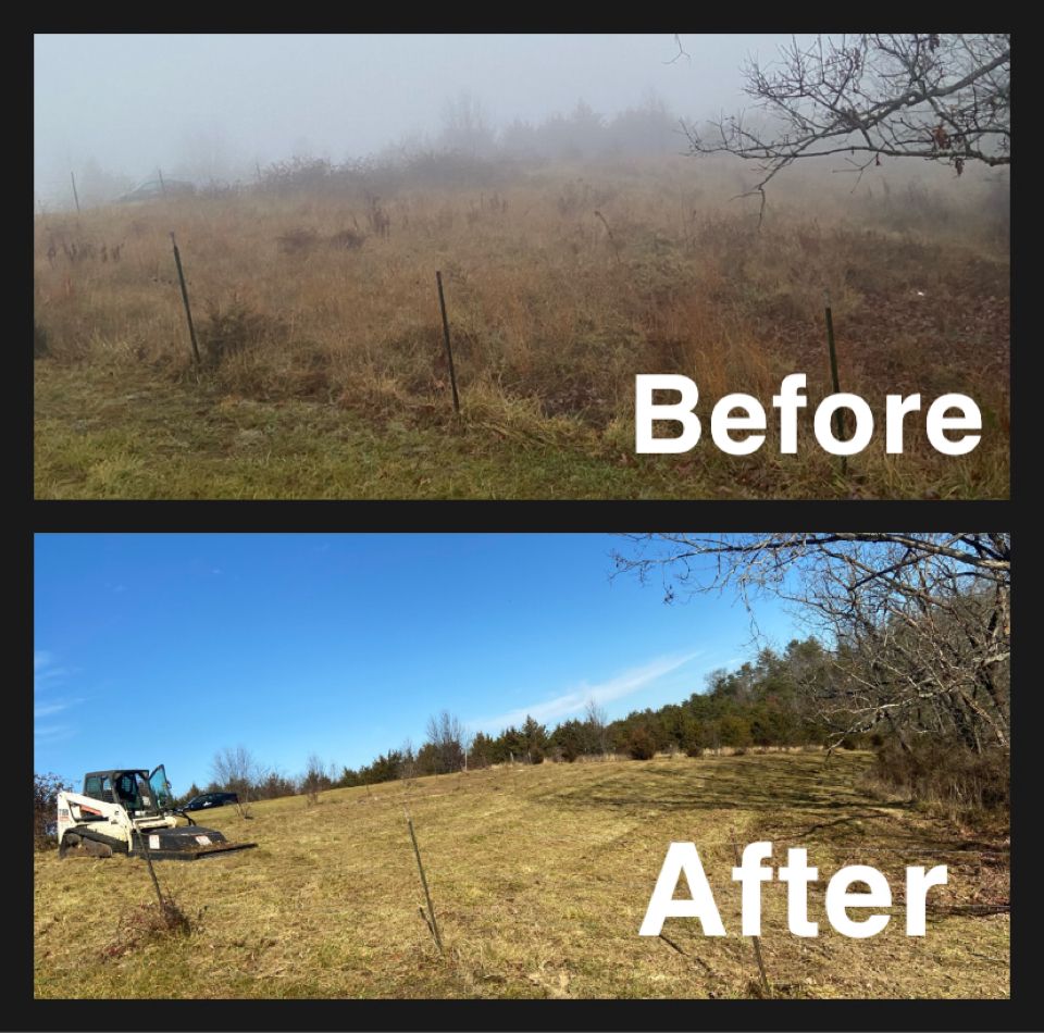 Before and after comparison of a field. The top image shows a field in fog; the bottom shows the cleared field with a bobcat.