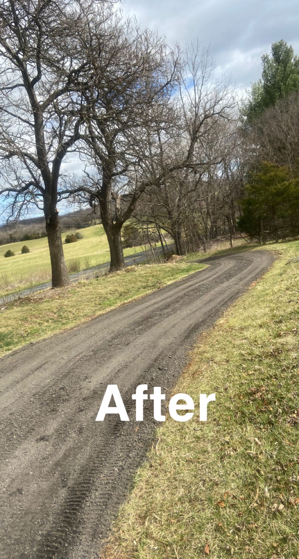 Dirt road winding through trees and grass under a cloudy sky; text 
