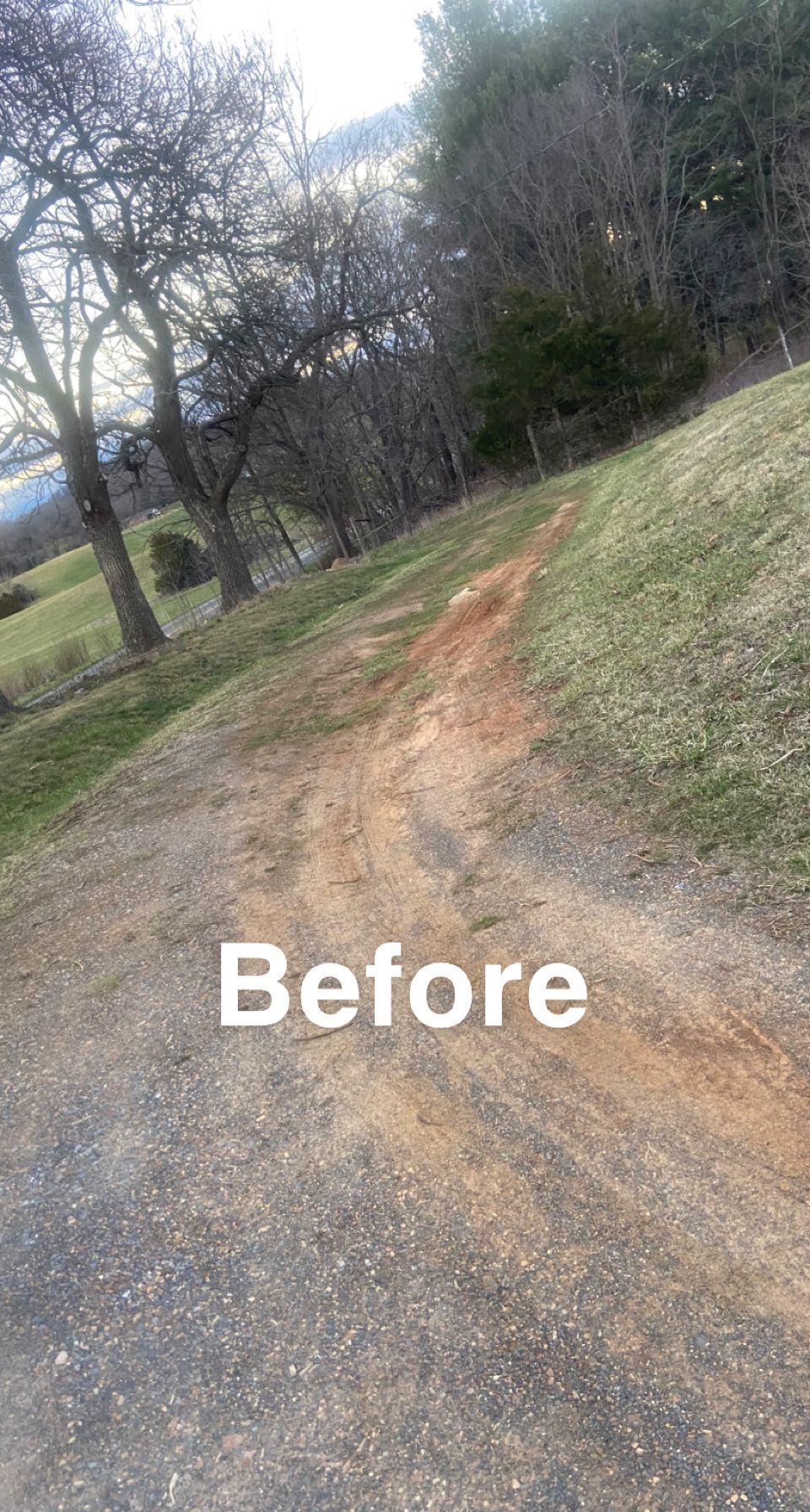 A dirt path winds uphill through grassy terrain and bare trees, labeled 