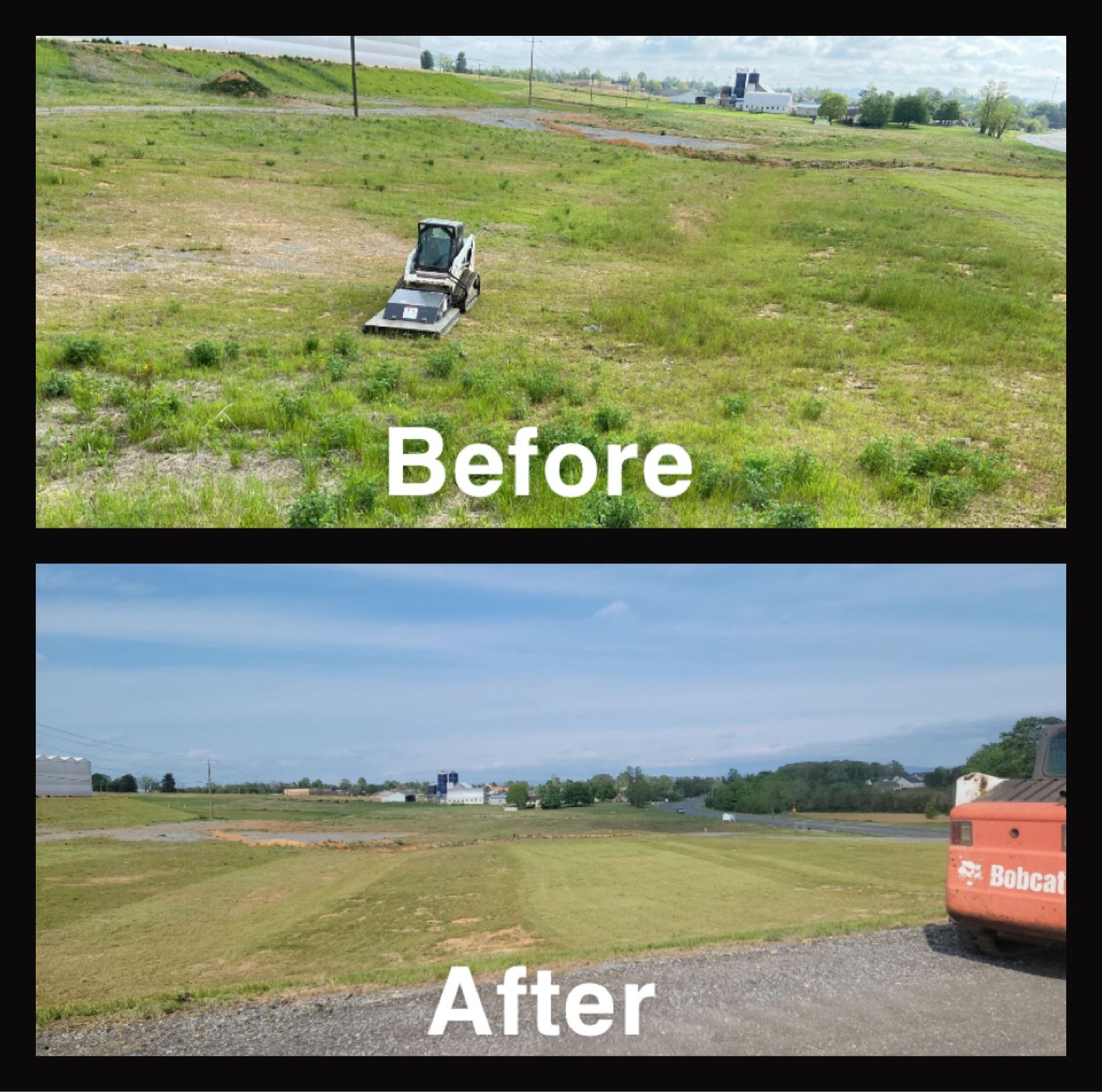 Top: Grassy field with a Bobcat mower. Bottom: Mowed grassy field with Bobcat.